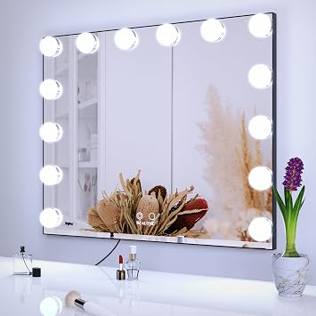 BEAUTME Vanity Mirror with Lights, Lighted Makeup Mirror with 14 Dimmer Bulbs, 2 Color Lighting Mode, Touch Control, Tabletop or Wall Mounted for Bedroom,Dressing Room,Black 23.6 X 20