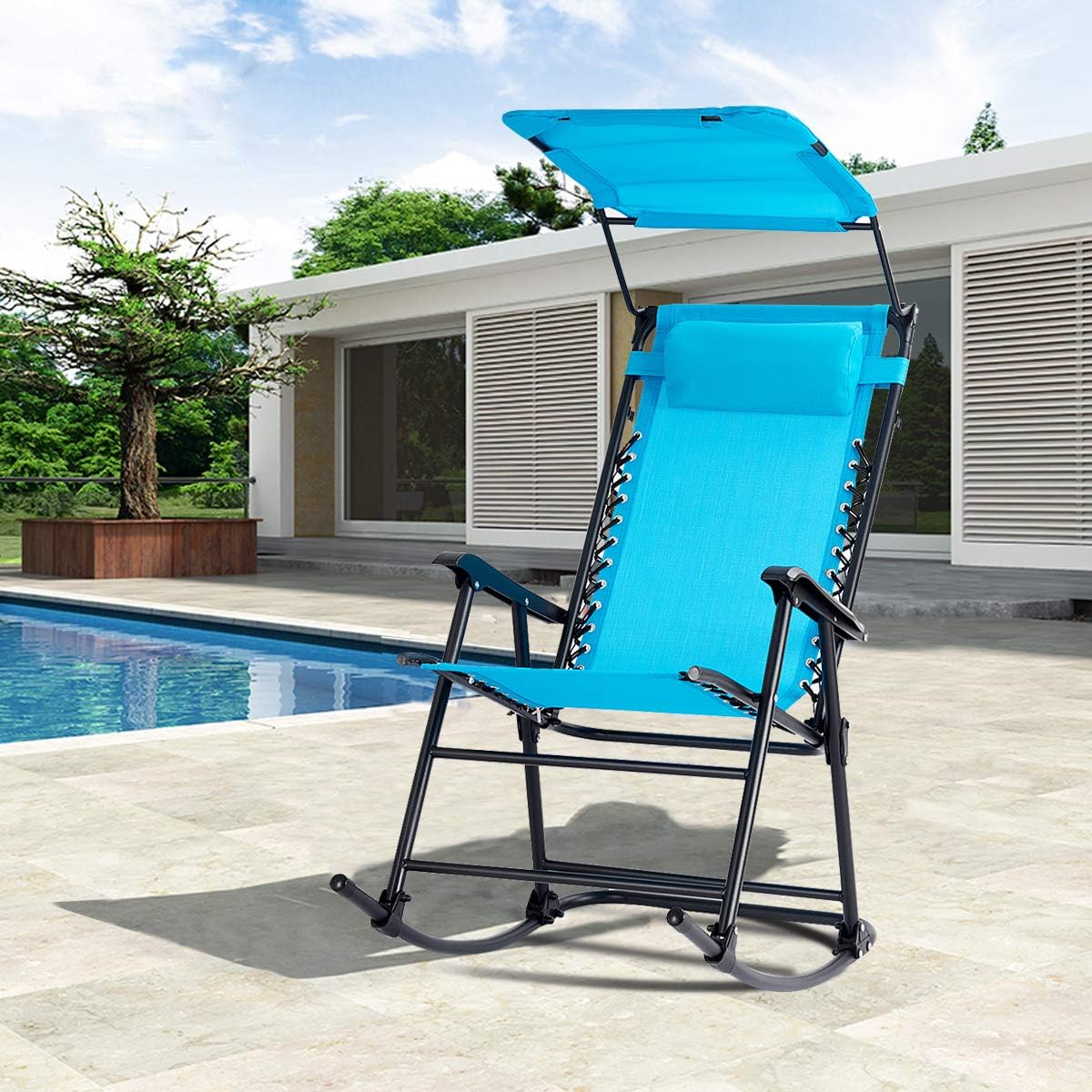 Goplus Folding Zero Gravity Rocking Chair, Portable Wide Recliner for Outdoor Lawn Beach Patio Pool w/Shade Canopy