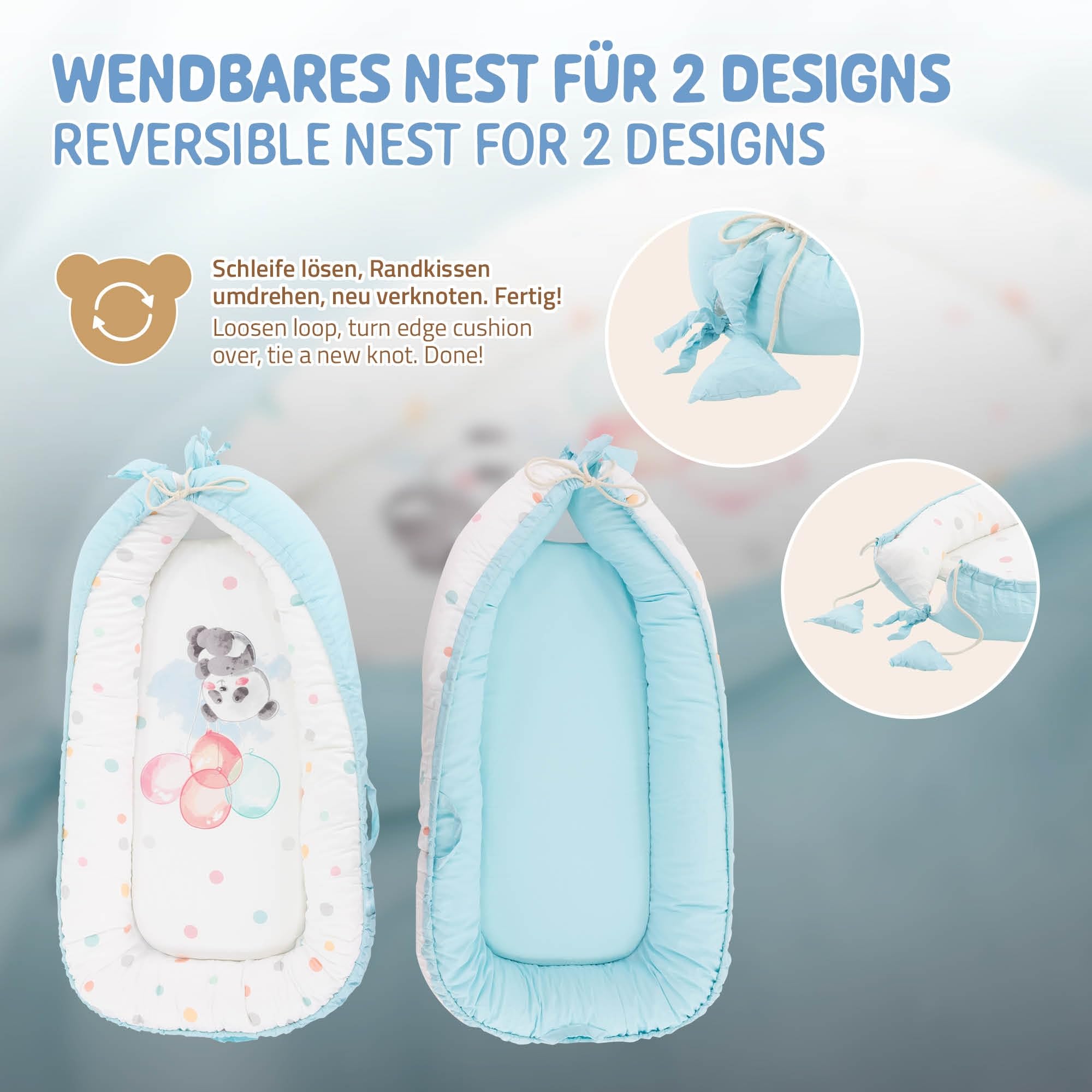 Joyz Babynest, Panda Hellblau, 90x50cm, Baumwolle, zweiseitig, antiallergisch, tragbar, Multifunktionale Babynestchen, Kokon für Babys & Säuglinge, Baby Nest Babybett Neugeborene Kuschelnest Reisebett