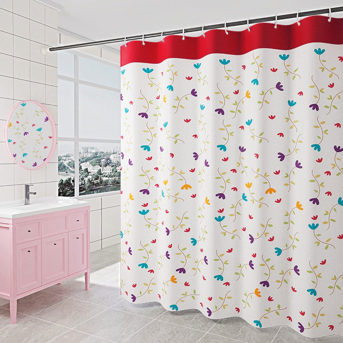 GONOVE Shower Curtain for Bathroom 180 x 180 cm Mildew Resistant Waterproof Polyester Fabric Flowers Shower Curtain Liner Long Washable Bath Curtain with Hooks, Weighted Hem โ image 1