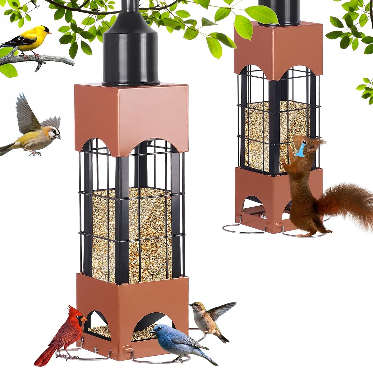 Comederos para pájaros a prueba de ardillas para colgar al aire libre, comederos de metal para pájaros salvajes de gran capacidad de 5 libras, alimentador de tubo resistente a prueba de masticación para cardenal pinzón carbonero, decoración exterior de jardín