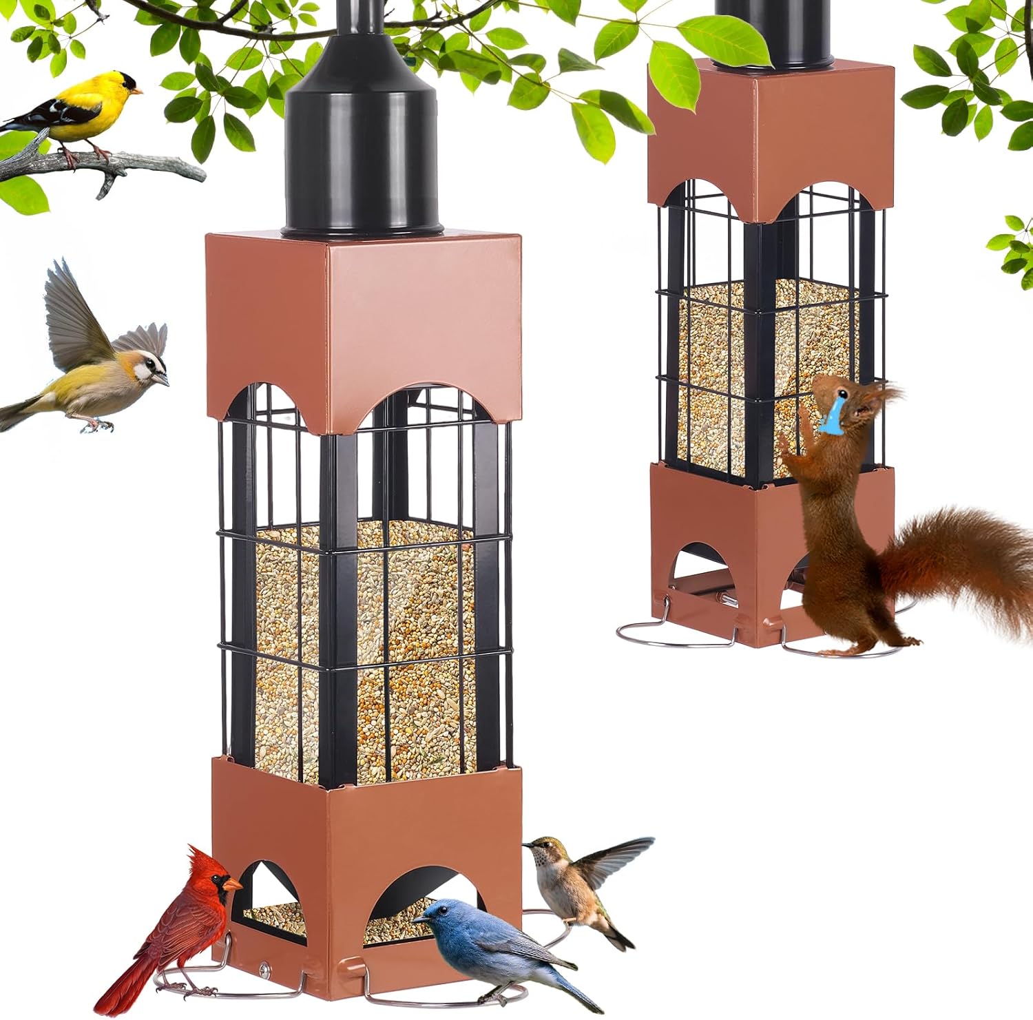 Squirrel Proof Bird Feeder for Outdoors Hanging, 5LB Large Capacity Metal Wild Bird Feeders, Heavy Duty Chew Proof Tube Feeder for Cardinal Finch Chickadee, Garden Yard Outside Decoration