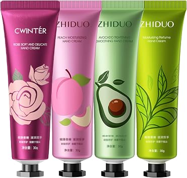 4PCS Hand Cream Gift Set for Very Dry Hands, Non-greasy Moisturizing | Multipack with Rose, Avocado, Green Tea, Peach. Hydrating quick-absorbing, no sticky feel. Great for women, girls, daily use.