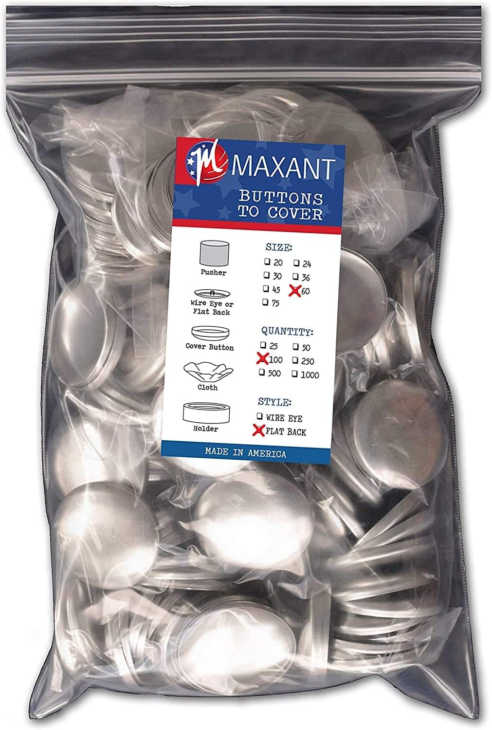 100 Cover Buttons by Maxant - Made in The USA - #60 (1 1/2") with Flat Backs, Ideal for Crafting. NO Tool.