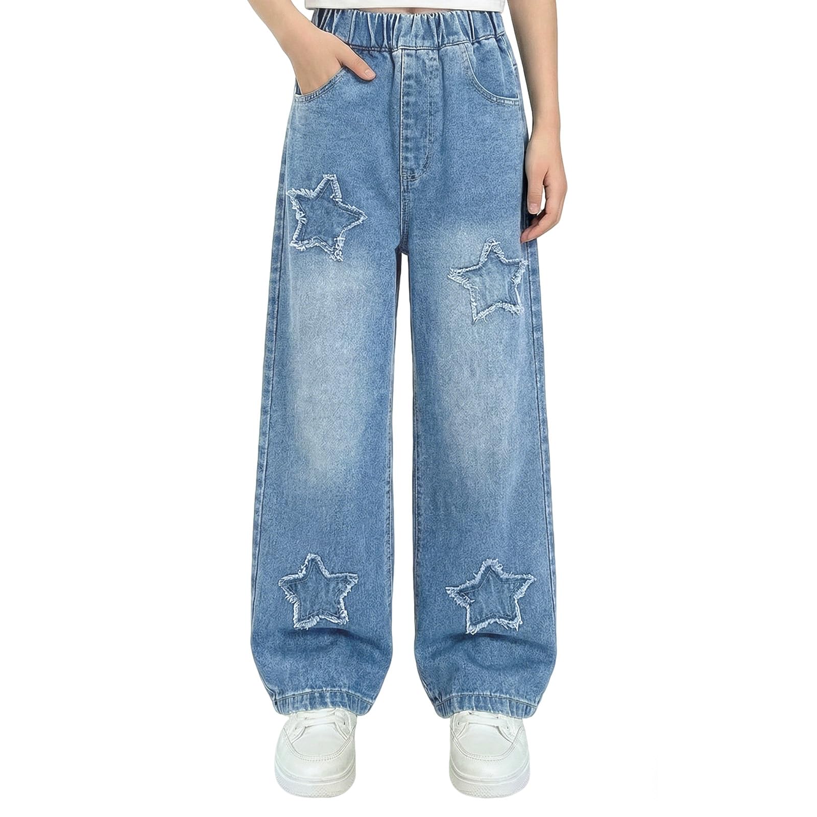 Vaqueros Baggy Jeans para Niñas Holgados Denim Pantalones con Cintura Elástica y Bolsillos Largos Stretch Azul Denim Jeans Moda Casual Pierna Ancha Streetwear Pants para Infantil 7-15 Años