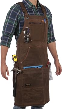 ecoZen 16oz Waxed Canvas Work Apron with Tape Holder - 27 x 34 inches Shop Apron with Elastic Back Strap and Front Pockets, Fully Adjustable, Tough Protection for Men - Brown