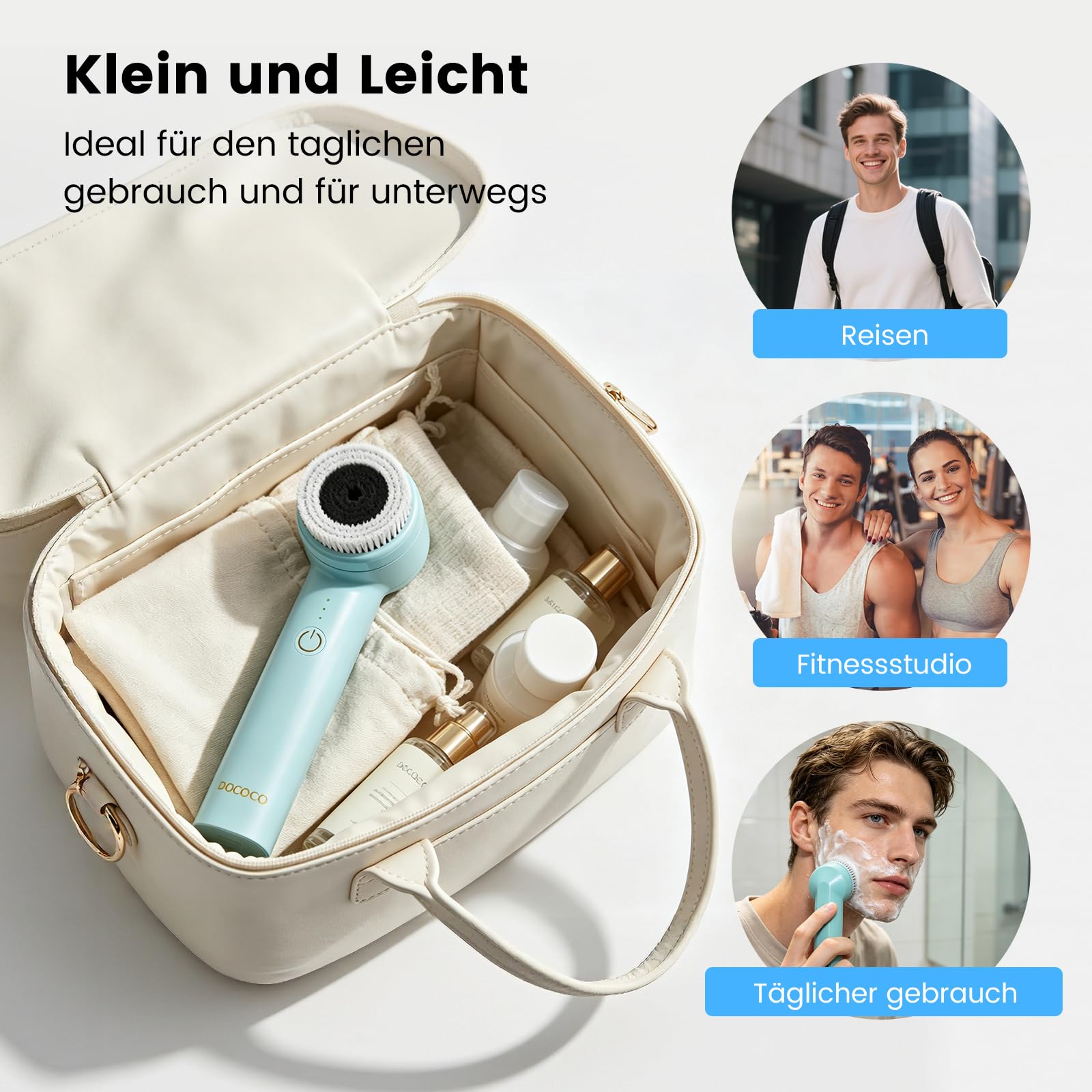 Elektrische Gesichtsbürste mit 2 Drehrichtungen, 3 IN 1 Gesichtsreinigungsbürste Wiederaufladbar mit 3 Aufsätzen & 3 Geschwindigkeiten für alle Hauttypen für Exfoliation Poren