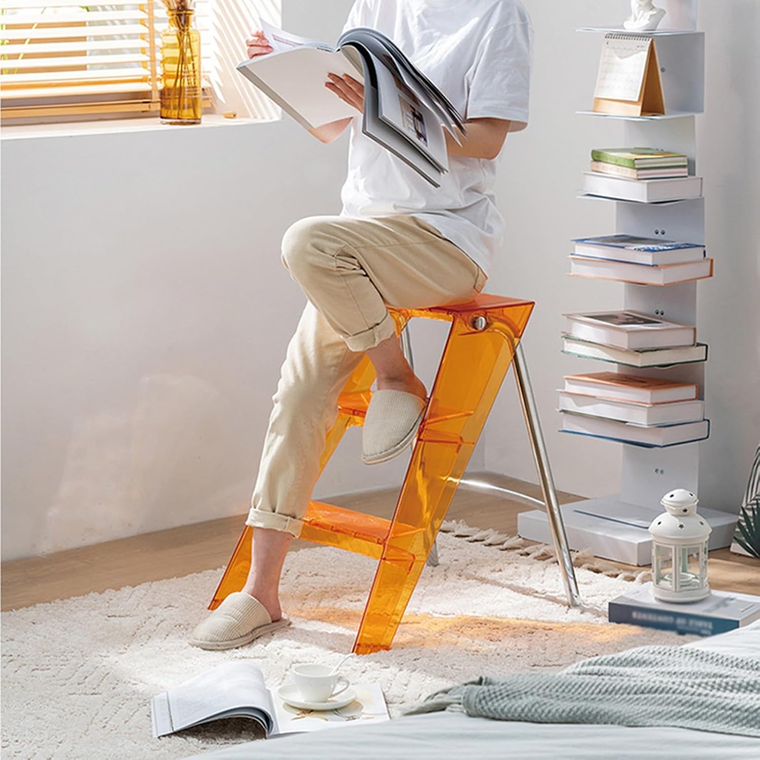 Acrylic Clear Ladder Stool 3 Step Ladder Storage Step Stool Design with Silicone Non-Slip Feet and Non-Slip Treads Portable Ladder Stool for Home Kitchen and Storage(Blue)
