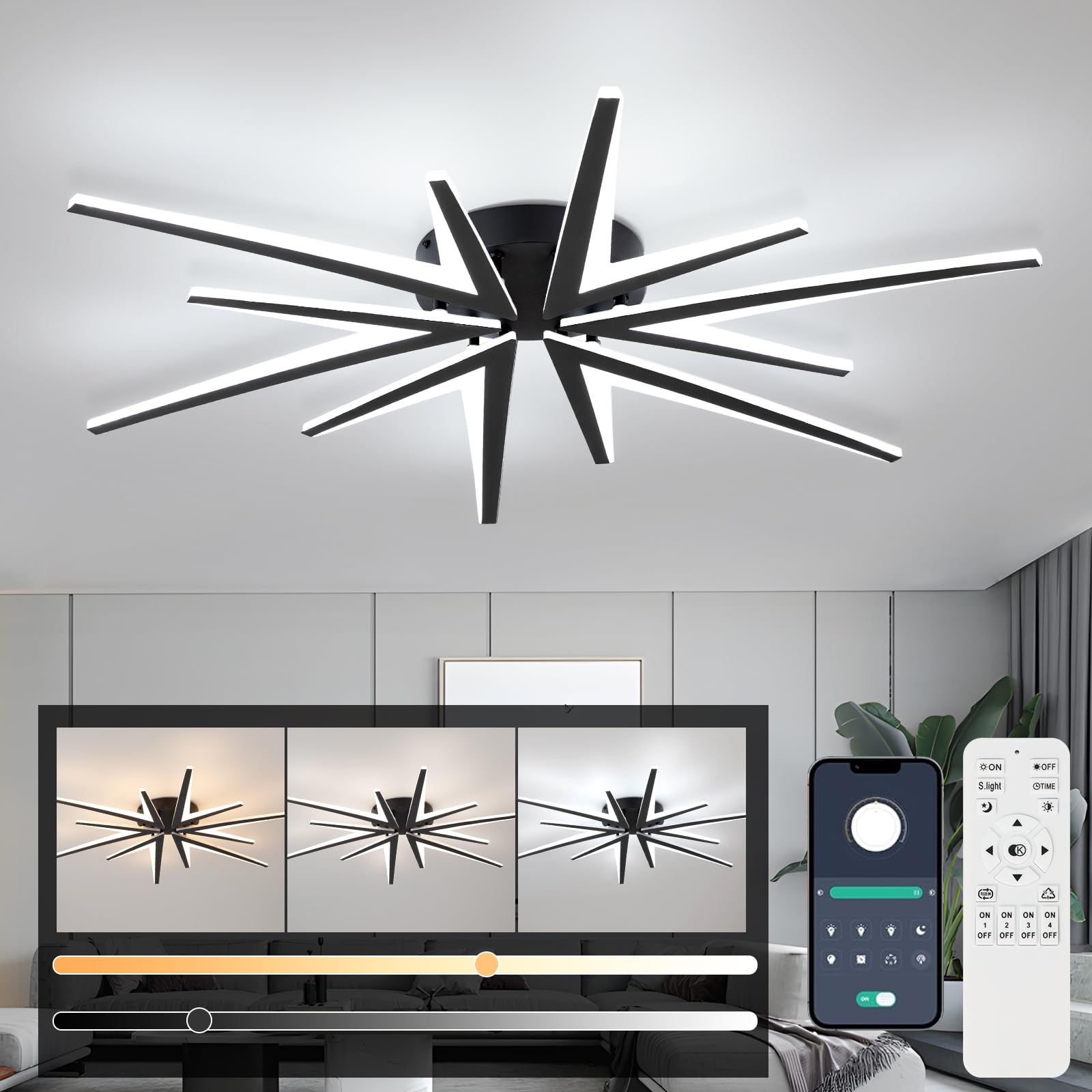 Vloitgol Modern Dimmable Ceiling Light LED, 65W 6600LM Acrylic Black LED Dimmable Ceiling Lights Fixtures with Remote Control for DiningRoom Bedroom Office Kitchen Hallway Indoor LivingRoom (Dia 86cm)