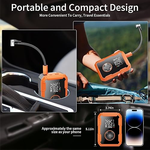 Miniatura 7 de Bomba de aire portátil para neumáticos de automóvil, inflador de neumáticos de 150 PSI inalámbrico con luz LED, compresor de aire recargable de