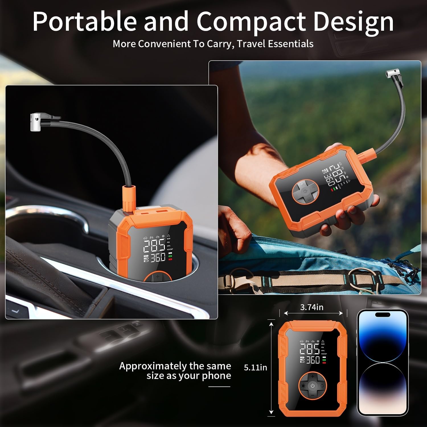 Pompe à air portable pour pneus de voiture, 150 PSI sans fil avec lumière LED, compresseur d'air rechargeable à arrêt automatique, 2 pompes à gonflage rapide pour voiture, vélo, moto, ballon, cadeau