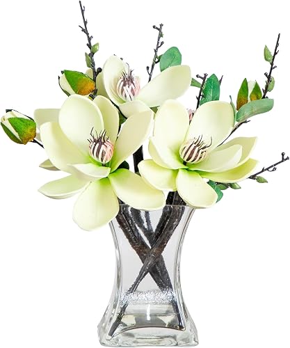 Nearly Natural 4534-WH Magnolia Arrangement with Vase,White | Realistic Silk-Like Blooms, Clear Glass Vase with Faux Water, Elegant Table Centerpiece or Office Accent