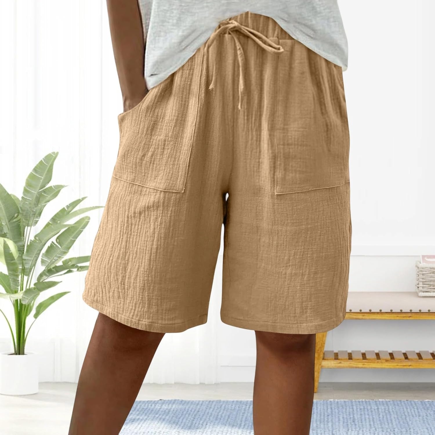 Shorts for Women Knee Length Elastic Waist Drawstring Loose Wide Leg Shorts Summer Casual Beach Pants
