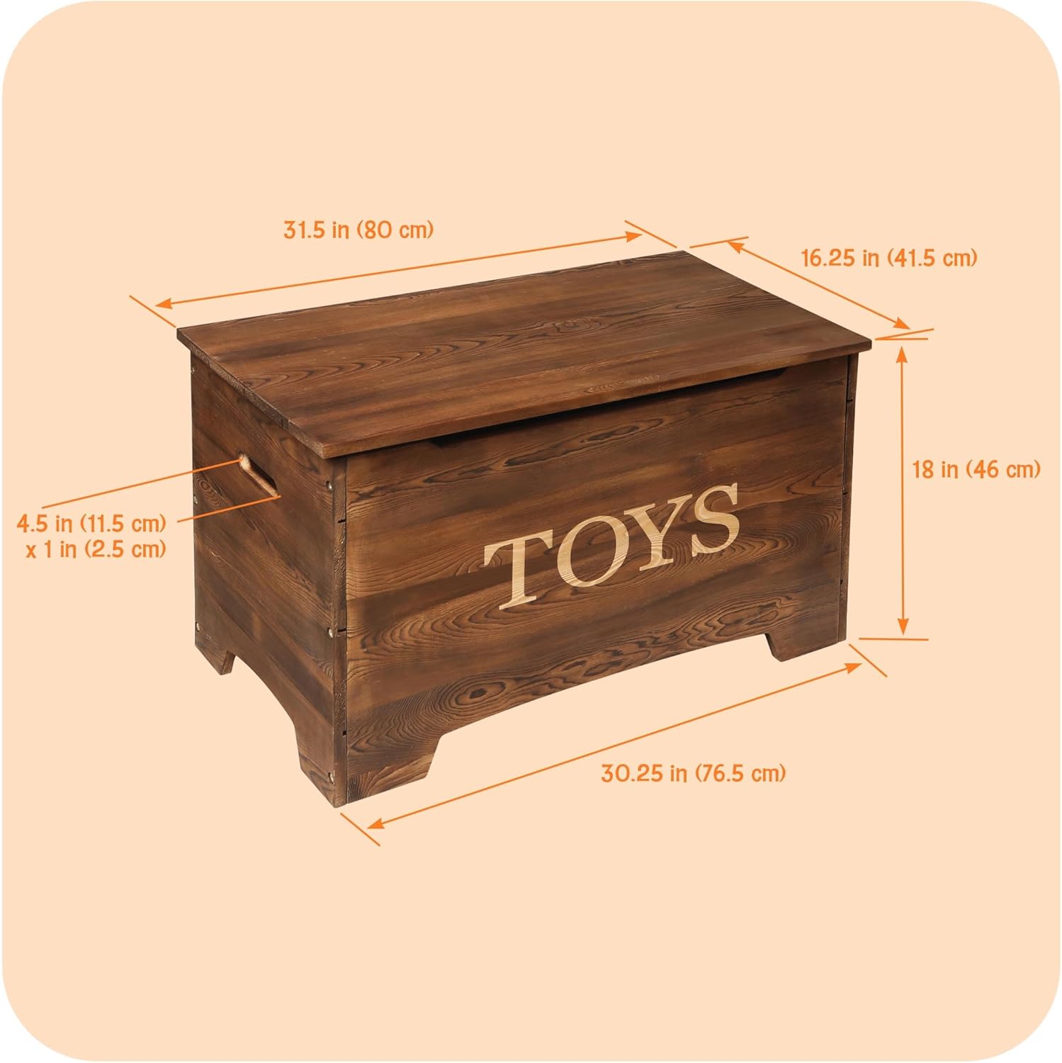 Badger Basket Farmhouse Wooden Toy Box - Rustic Storage Chest for Kids with Reversible Toys Panel, Safety Hinge Lid, Front Slot - Caramel Brown