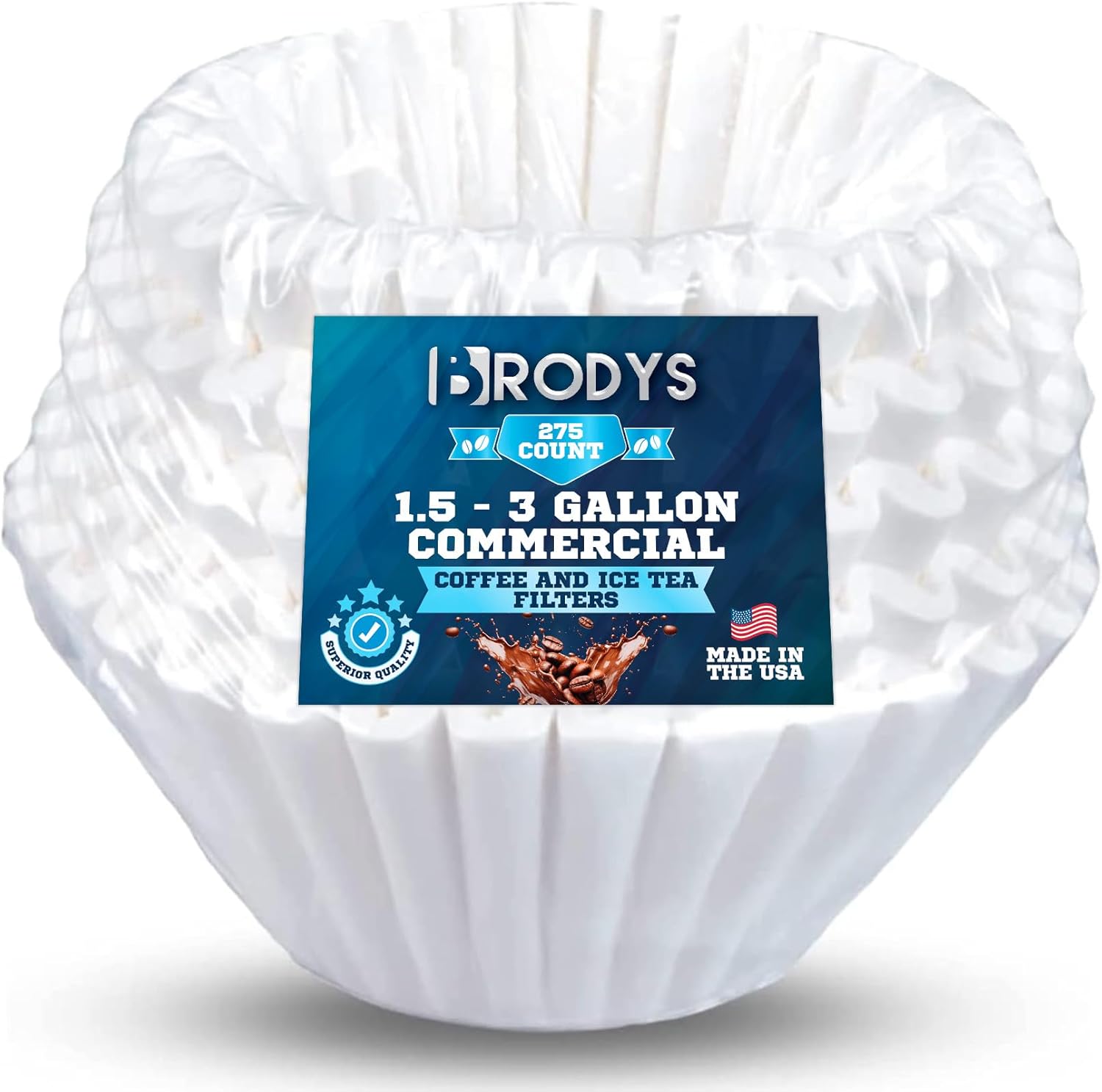 Brodys Extra Large Coffee Filters - Compatible with Bunn 1.5 to 3 Gallon Commercial Coffee & Tea Machines - (275 Count), 13 inch x 5 inch TALL WALLED, All-Natural Paper, No Messy Ground Overflow