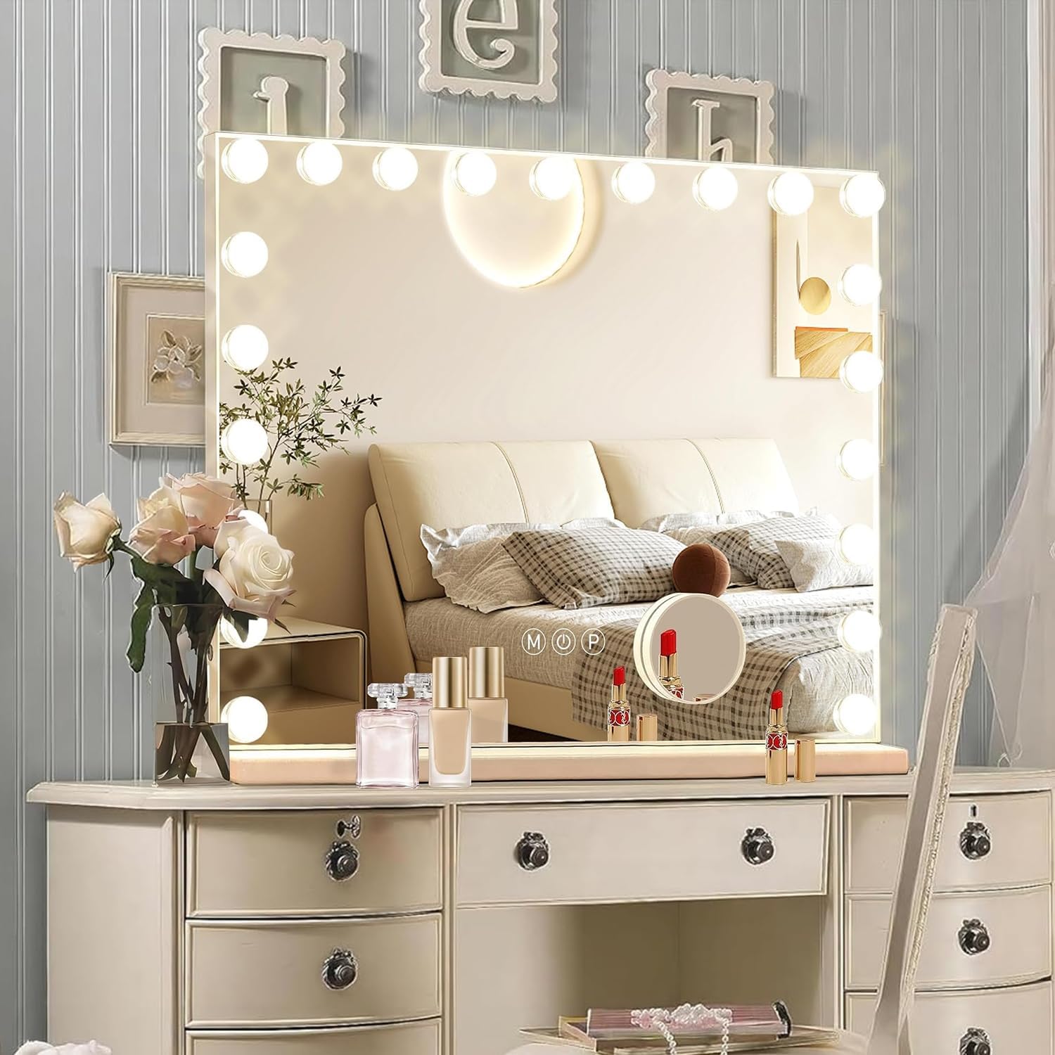 Hollywood Vanity Mirror with Lights, 21 Dimmable Bulbs, 3 Color Lights,Make Up Lighted Mirror, Aluminum Metal Frame, USB Charging Port（40" x 30"）