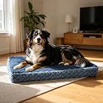 EMPSIGN Matelas de lit de chien réversible (Cool & Chaud), Doublures anti-eau, Couverture lavable en machine, Lit de caisse pour animaux de compagnie pour petits à grands chiens, Rosebud Fleece Grey/Canvas Navy