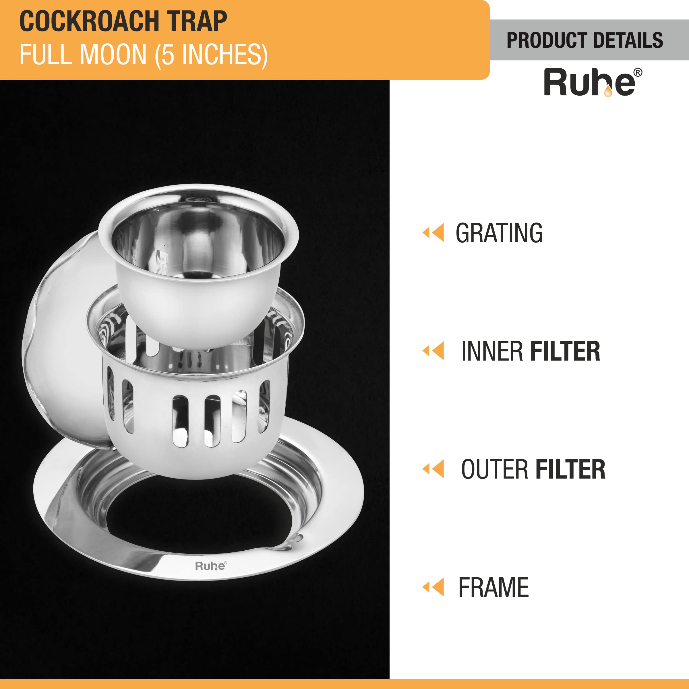 Ruhe® Full Moon Round Floor Drain | 304-Grade Stainless Steel Floor Drain with Cockroach Trap/Jali 5 Inches — Amazon image 3