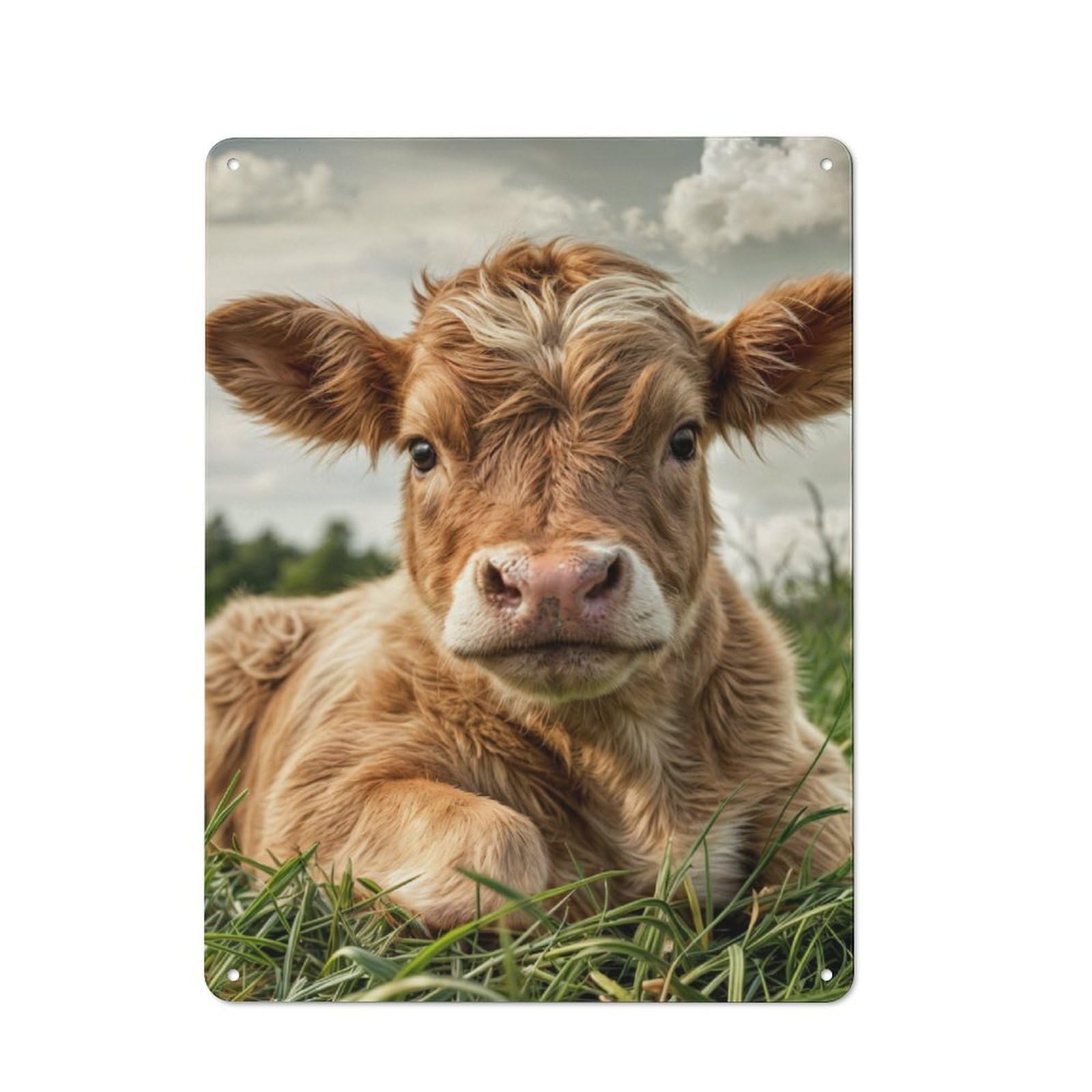 Metal Wall Sign with Calf in A Field Design 40x30cm, Loft Style Studio Wall Art for Flat, Bar, Studio Or Gallery Wall
