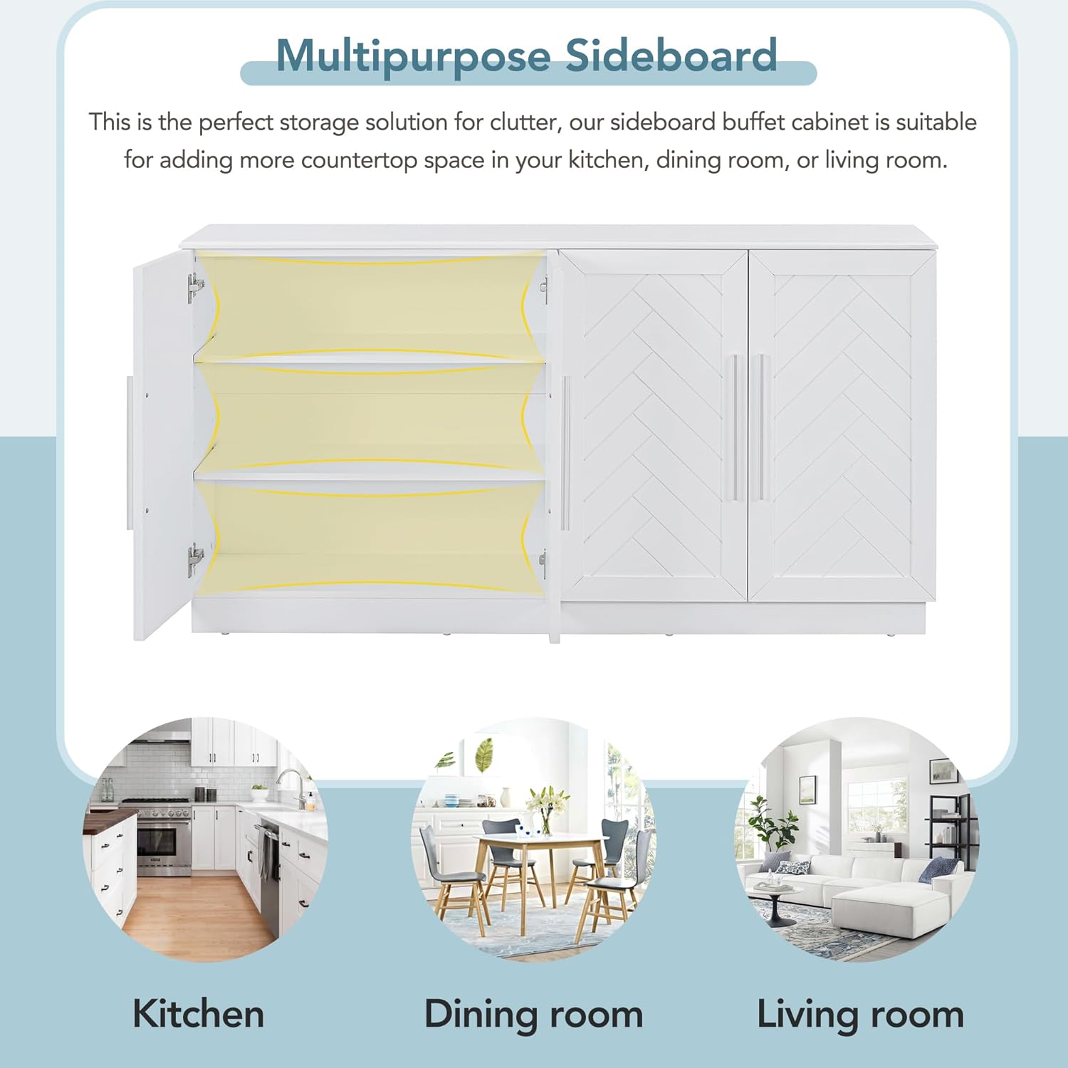 Harper & Bright Designs Storage Cabinet, Sideboard with 4 Doors Large Storage Space Buffet Cabinet with Adjustable Shelves and Silver Handles for Kitchen/Dining Room/Living Room, White
