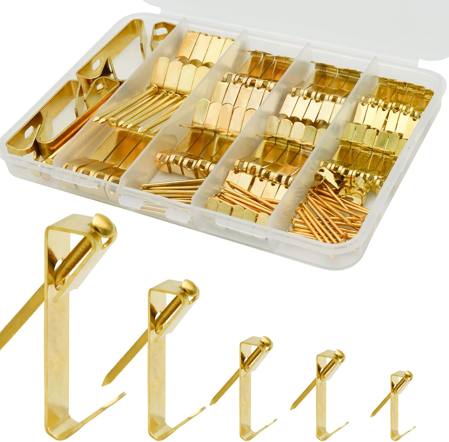 136Pcs Picture Hangers, 5 Sizes Picture Hanging Kits Including 10/20/30/50/100lb Picture Hanging Hooks, Sorted Picture Hooks with Nails for Drywall Wooden Wall in A Very Handy Storage Box