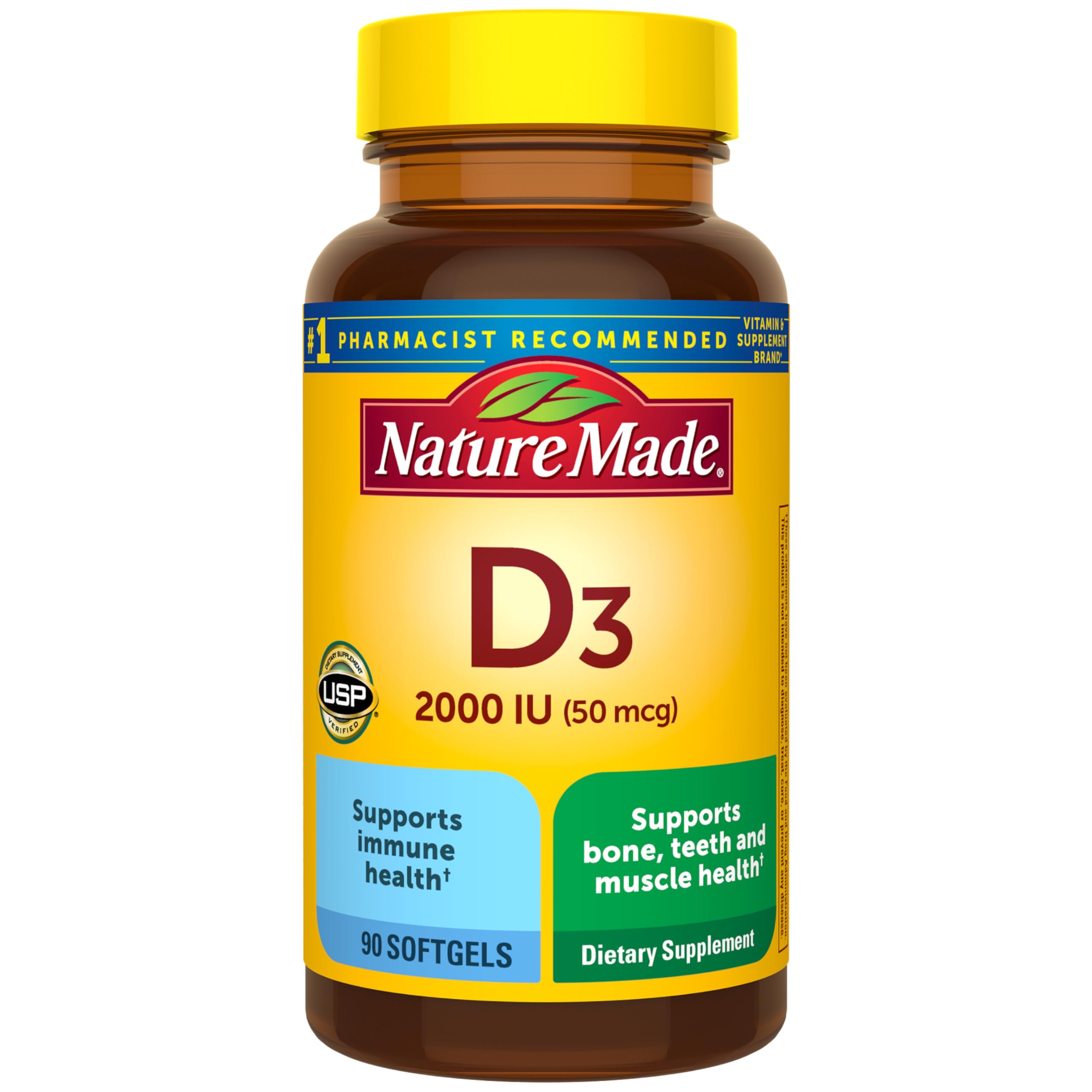 Nature Made Vitamin D3 2000 IU (50 mcg), Vitamin D Supplement for Bone, Teeth, Muscle and Immune Health Support, 90 Softgels, 90 Day Supply