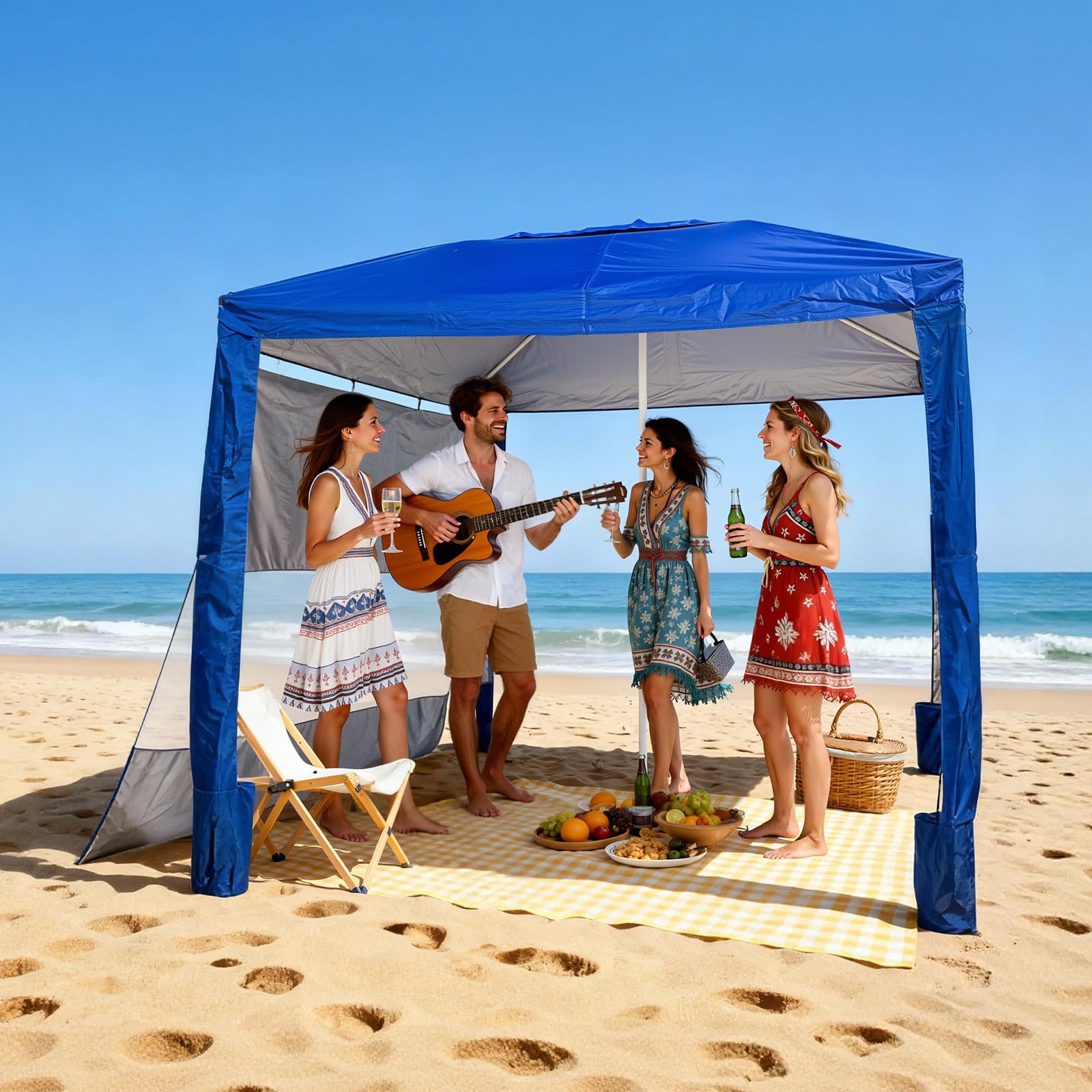 VEVOR Cabaña de Playa 2,4 x 2,4 m, con Pared Lateral, Protección Solar UPF 50+, con Sacos de Arena, Toldo Ajustable en Altura y Portátil para Disfrutar en Familia o con Amigos, Azul Marino Liso
