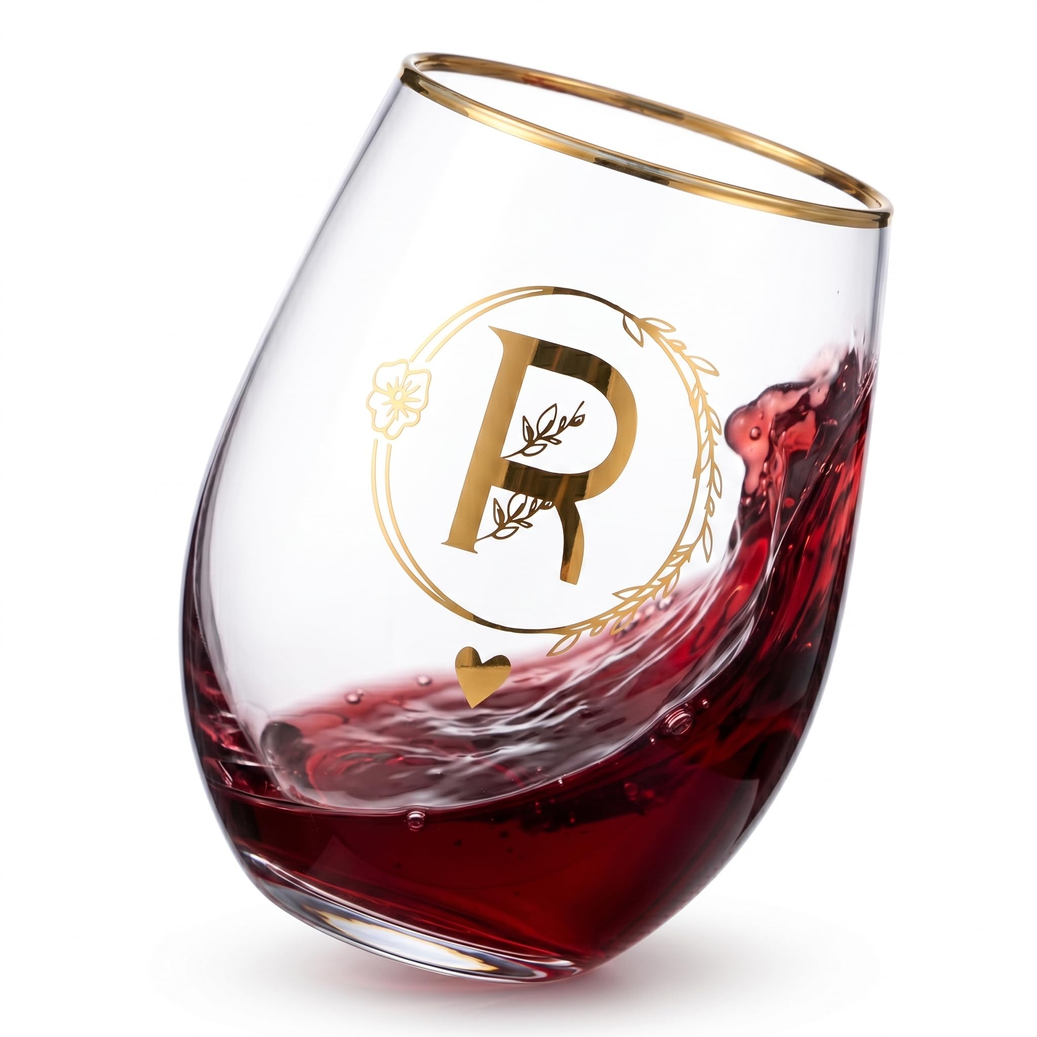 DIQUENEW Letter A-Z Wine Tumbler, 15oz Glass Cup, Gold Printed, Gift for Women, Bachelorette Party, Maid of Honour (R)