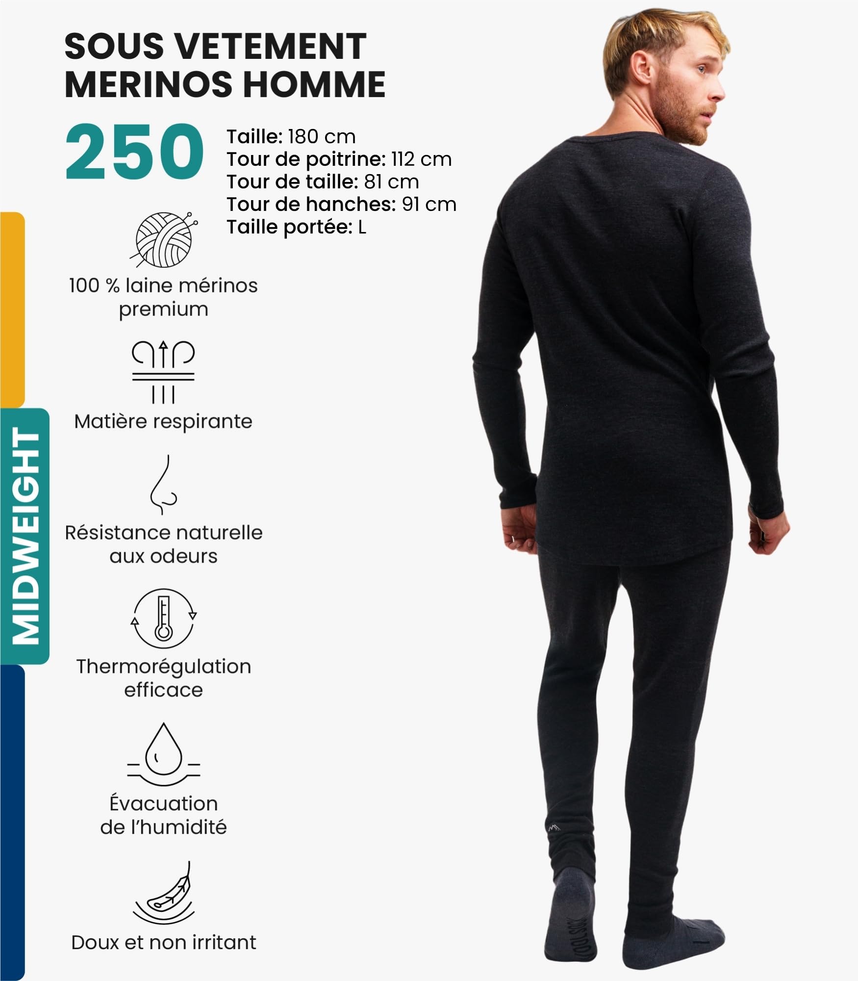 Merino.tech sous-Vêtement Merinos Homme - Ensemble 100% Laine Merinos Haut et Bas avec Chaussettes Lourd, Moyen, Léger