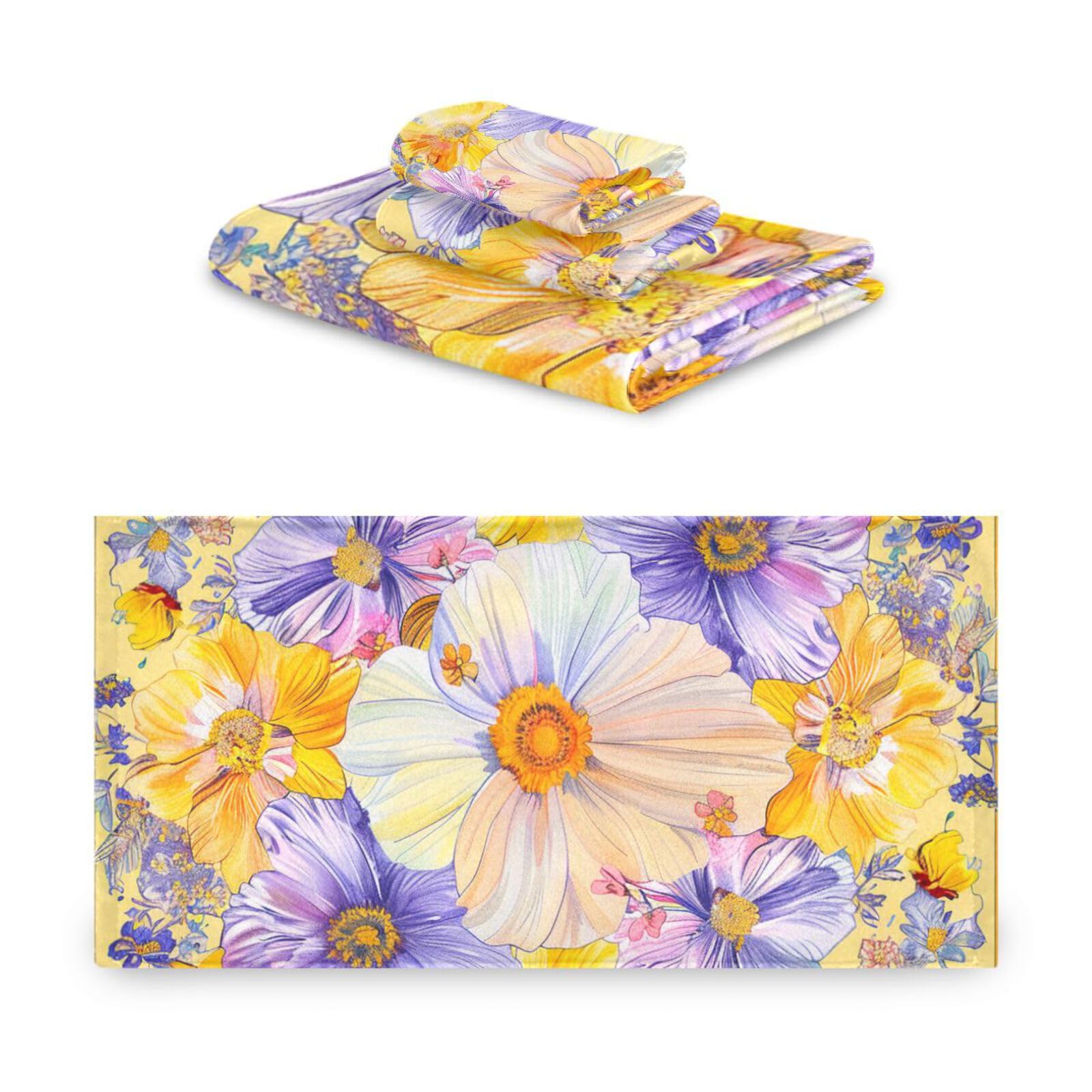 Set di 3 asciugamani morbidi per il viso in stile bohémien, con fiori e fiori gialli luminosi, 1 asciugamano da bagno, 1 asciugamano da bagno, 1 asciugamano, 1 asciugamano, per casa, cucina e famiglia