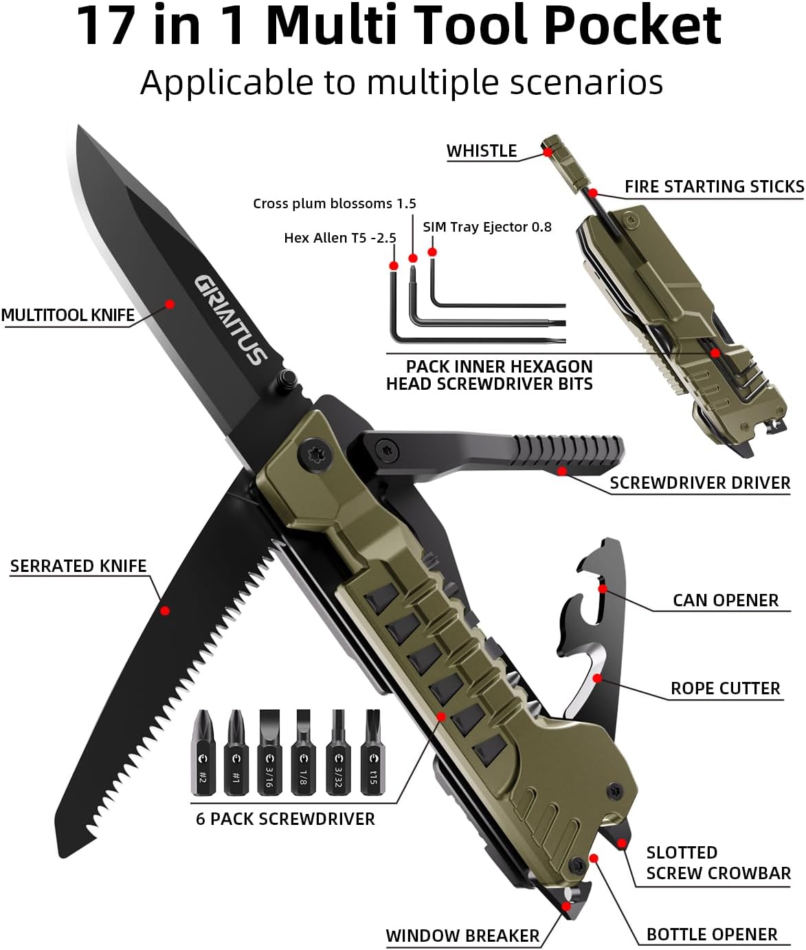 Multitool Knife, 17 in 1 Pocket Knife with Screwdriver, Fire Starter Sticks, Bottle Opener, Saw, Whistle, Nylon Sheath, EDC Gear for Survival, Camping, Hiking, Outdoor, Gifts for Dad - Desert Gray - Image 2