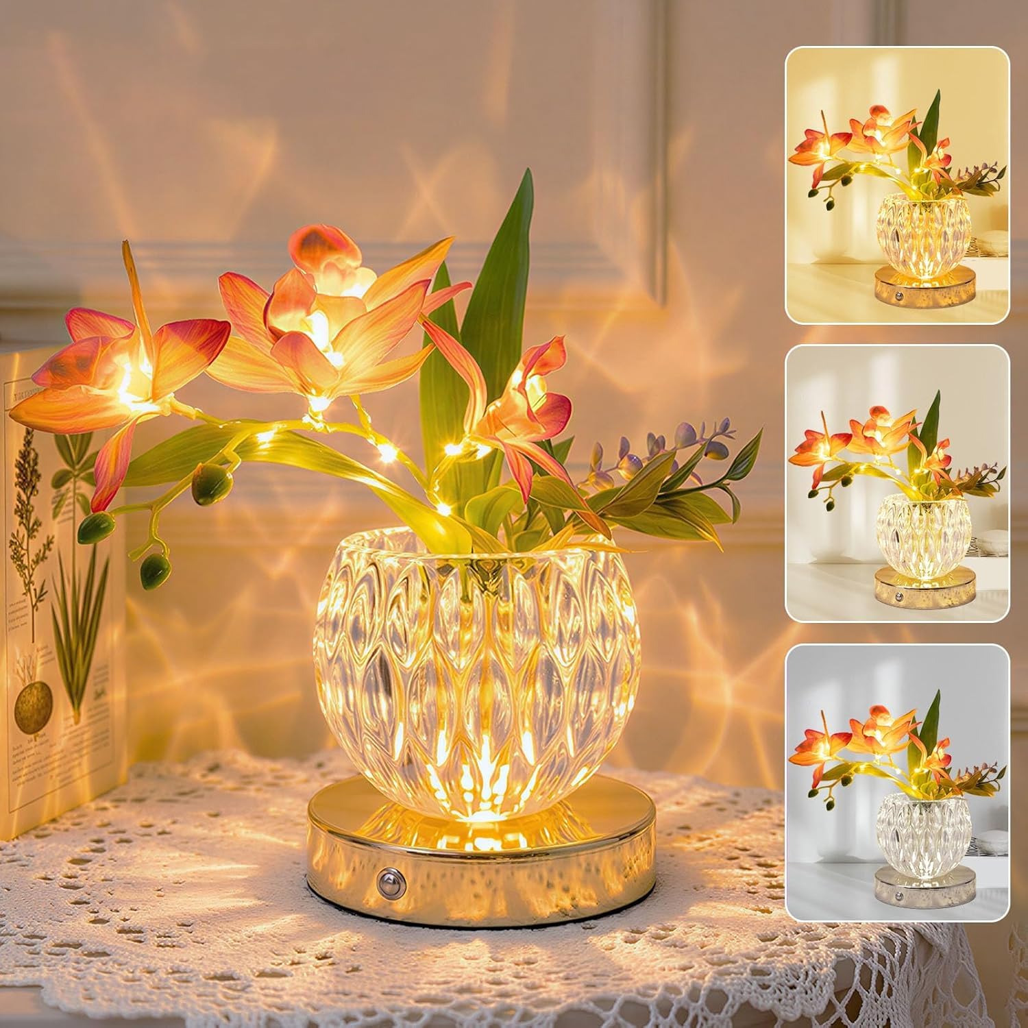 Wekity Flower Table Lamps, 3 Colors Dimmable Orchid Glass Night Light, Rechargeable Cordless Small Table Lamp for Date Party Home Decoration (Pink-Ivory Orchid)