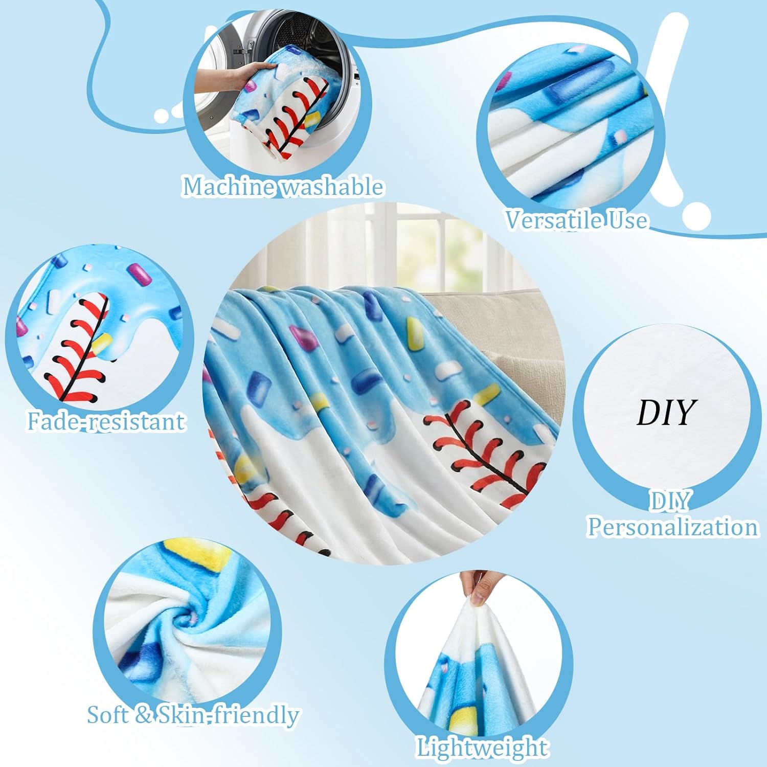 Baseball Room Decor, 50 x 40 Inch Ice Cream Drip Baseball Blankets Soft Flannel Throws Gifts Sports Blankets for Teen Boys Youth Team Season Rewards Birthday Party Favor(Blue) - Image 3