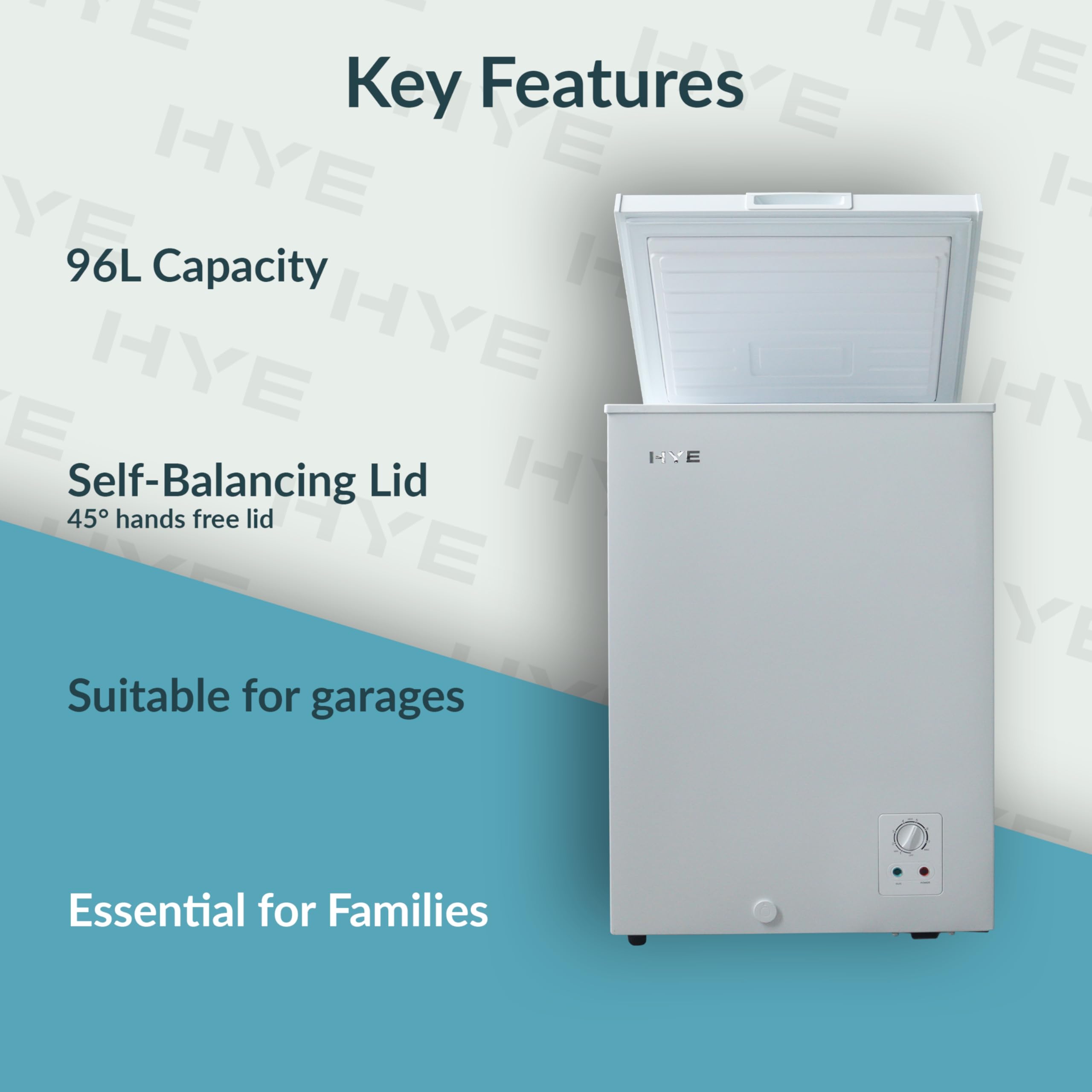 HYE Chest Freezer - 96L Freezer, Quiet 42 dB Operation, Mechanical Temperature Control, Freestanding Design, White, Suitable For Garages & Outbuildings - RF01CF96W24 — view 4