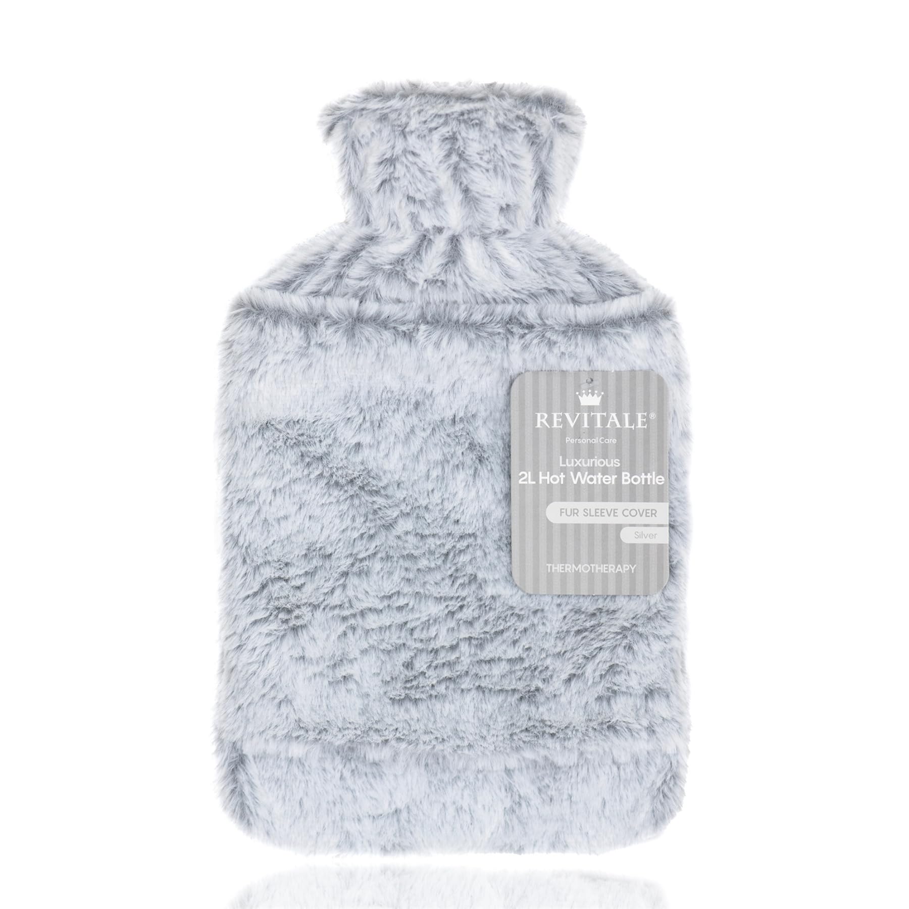 Revitale Bolsa de Agua Caliente de Lujo y Confort 2 Litros, Funda Suave tipo Manga, Caucho Natural Acanalado en un Lado, Norma Británica BS1970:2012, Duradera y a Prueba de Fugas (Plata – Manga)