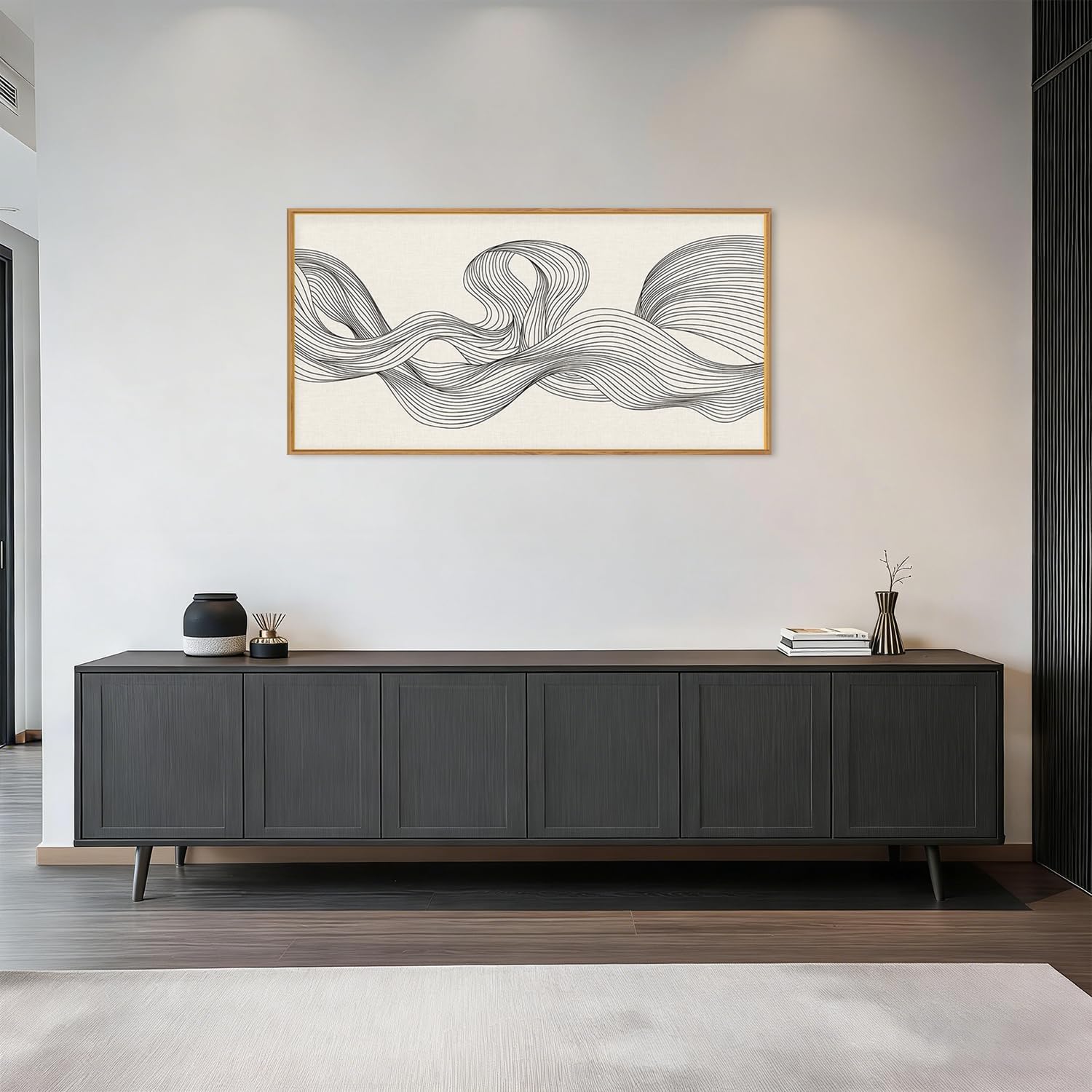 HPNIUB Neutral Abstract Beige Wave Framed Wall Art Set,Minimalist Black Line Wave Wall Decor,Modern Geometric Art Print,Boho Textured Artwork for Living Room,Bedroom,Office-20 x40