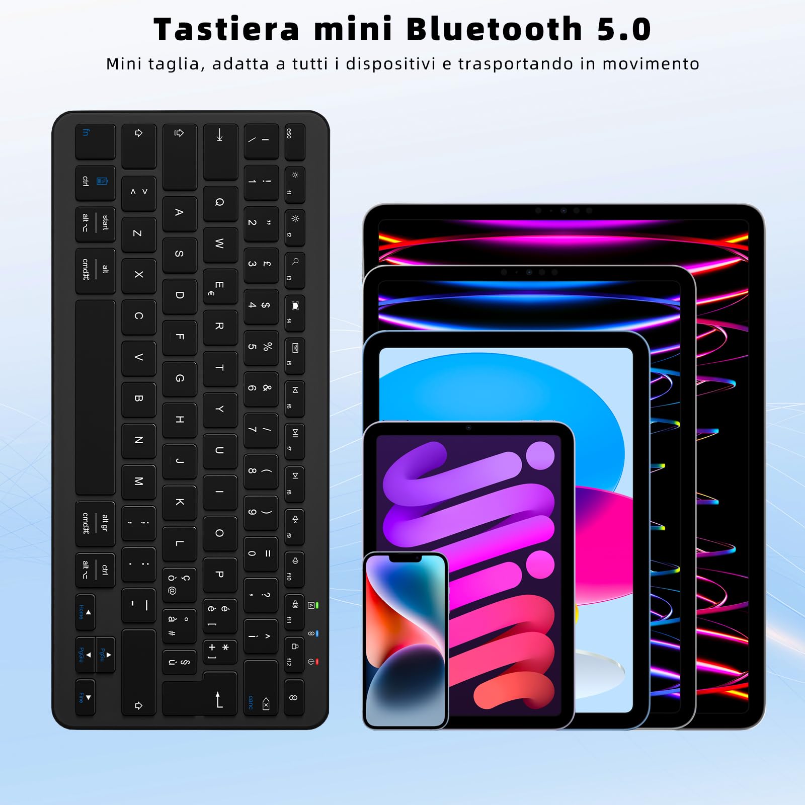 Tastiera Wireless Ricaricabile, Mini Tastiera PC Bluetooth Senza Fili con Connessione Stabile Type-C, Silenzioso e Ultra Sottile, Layout Italiano QWERTY, per iOS, Android, Windows