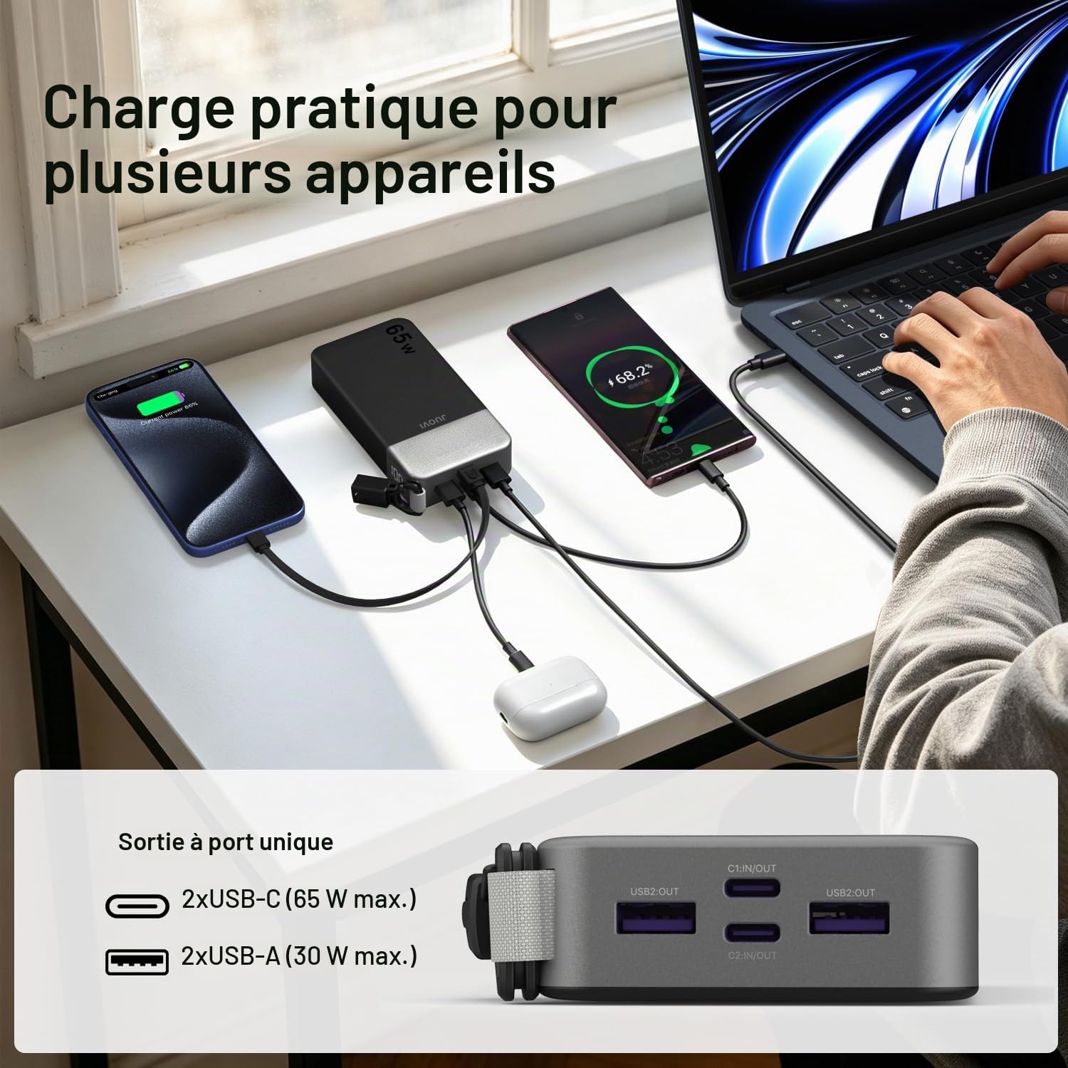 JUOVI Batterie Externe 65W Power Bank 20000mAh avec Câble Détachable | Charge Rapide avec 4 Ports Écran LED Batterie Portable pour Ordinateur Portable iPad Tablette iPhone Samsung Steam DecK