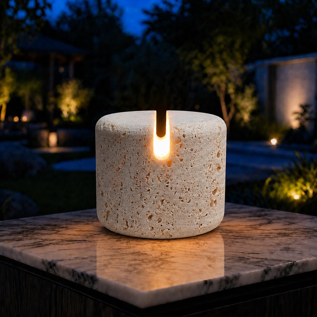 Marmo Glow 100% Marble Touch Pat Lamp, Unique Natural Stone Small Night Table Lamp, Type-C Rechargeable 3-Way Dimmable Bedside Lamp, Warm Ambient Lighting for Bedroom (Travertine)