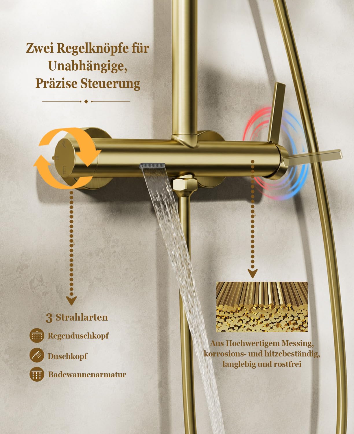 Duschsystem,Duscharmatur Komplettset gold 3 in 1, mit 23 cm Regenduschkopf | Duscharmatur Set gold mit Handbrause 3 Modus, wasserfall Badewannenarmatur, Duschsäule Messing, Höhenverstellbar, Duschset