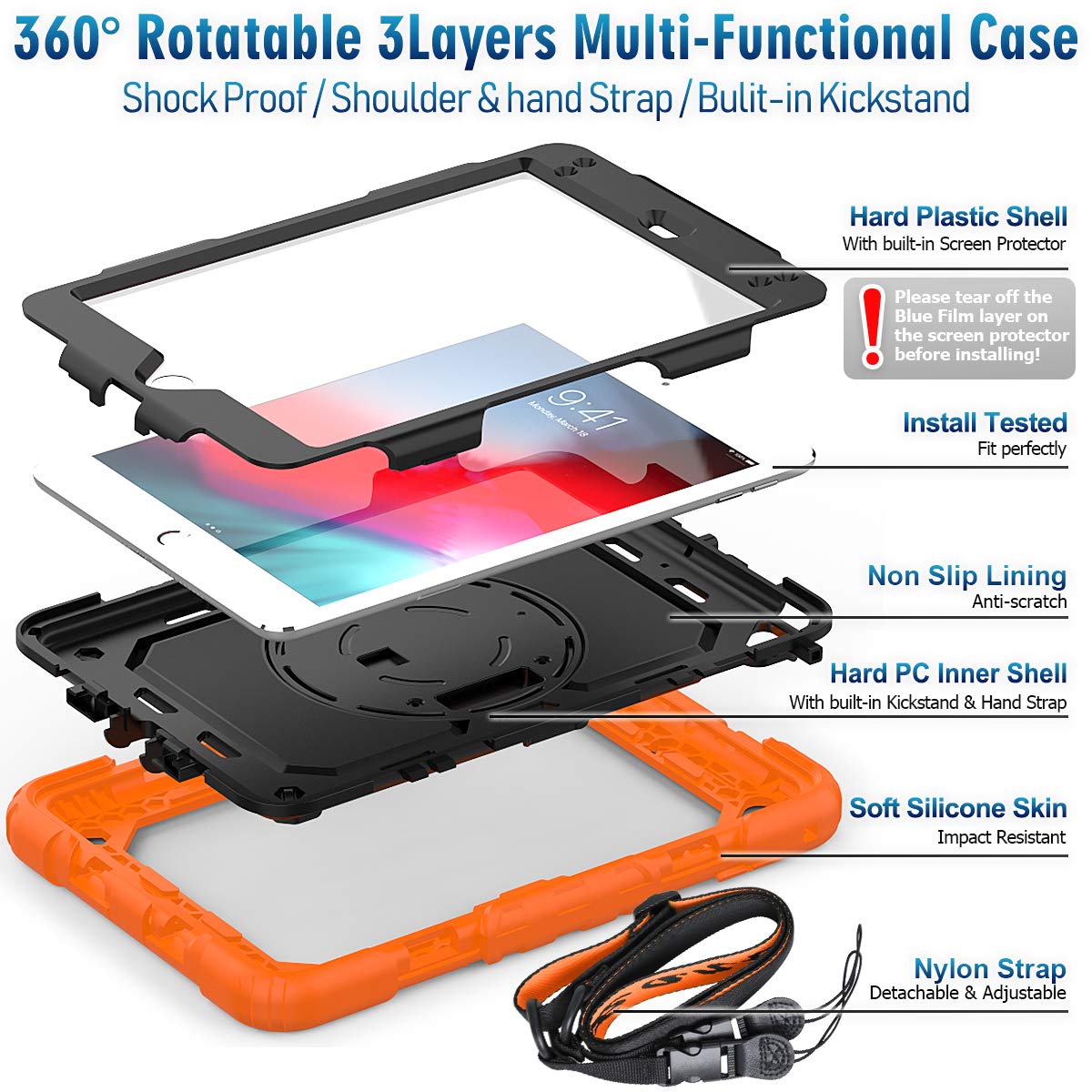 Timecity for iPad mini 5th/4th Generation Case 7.9'', for iPad mini 5/ Mini 4, Heavy Duty with Screen Protector, Kickstand Hand/Shoulder Strap Pencil Holder- Orange