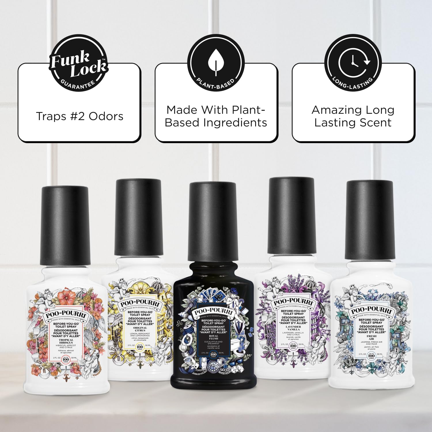 Pourri Bright & Balmy WC-Duft - Das Fresh Flush Set - 5 Mini Bad-Lufterfrischer - als WC-Duftspray oder Bad-Raumspray - fängt schlechte Gerüche vor der Ausbreitung ein - 5 x 59 ml