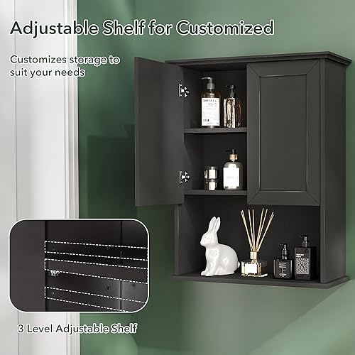 Miniatura 5 de OONNEE Armario de pared para baño, gabinete de madera negro montado en la pared, armario de baño con 2 puertas y estante ajustable, bisagra suave