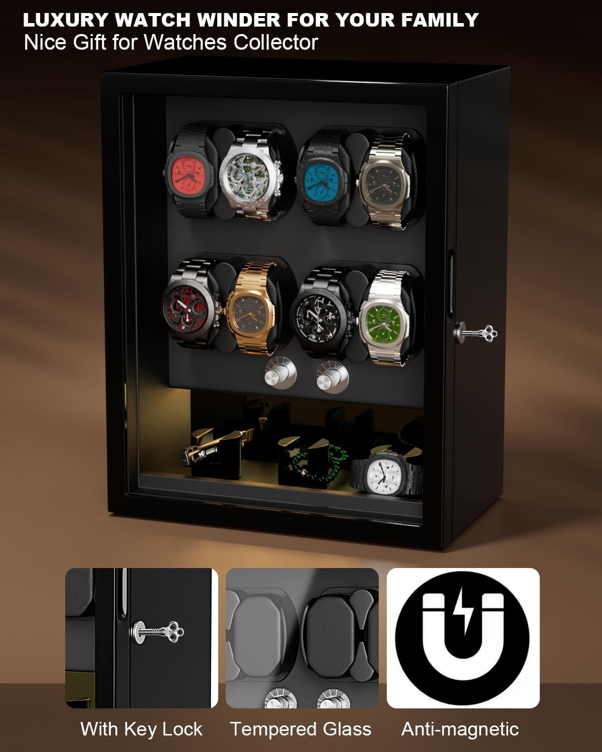 Watch Winder, Key Lock Watch Winder for 4/6/8 Automatic Watches with 4 Extra Storages,Super Quiet Motor,4 Rotation Modes,Memory Foam Pad, LED Light and Type-C Adapter,Gift for Watch Lovers