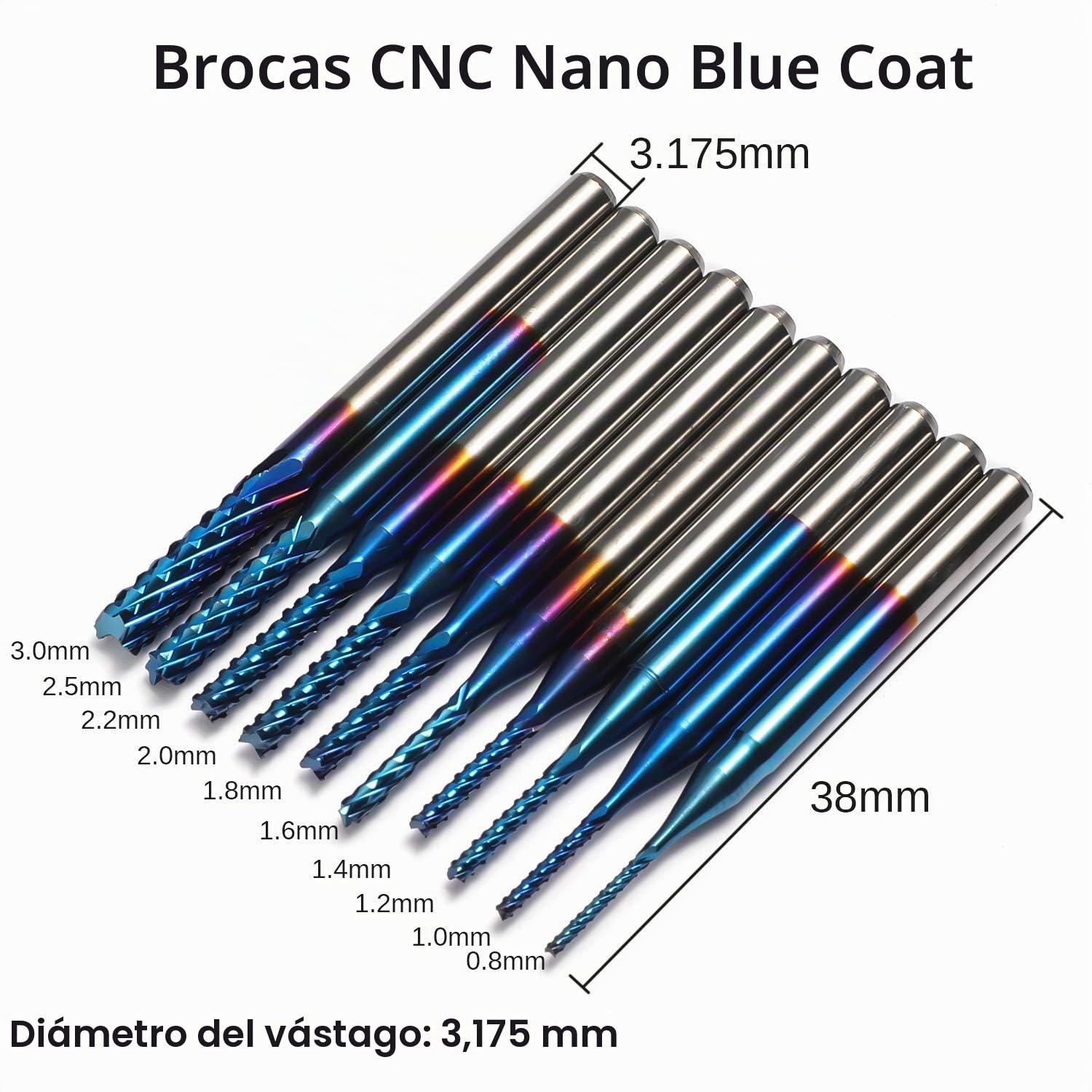 Genmitsu Juego de 40 brocas de fresado CNC para fresas de fresado CNC de vástago de 1/8 pulgadas, incluye 2 flutos planos de nariz y nariz de bola, nano azul y capa de titanio, MC40A