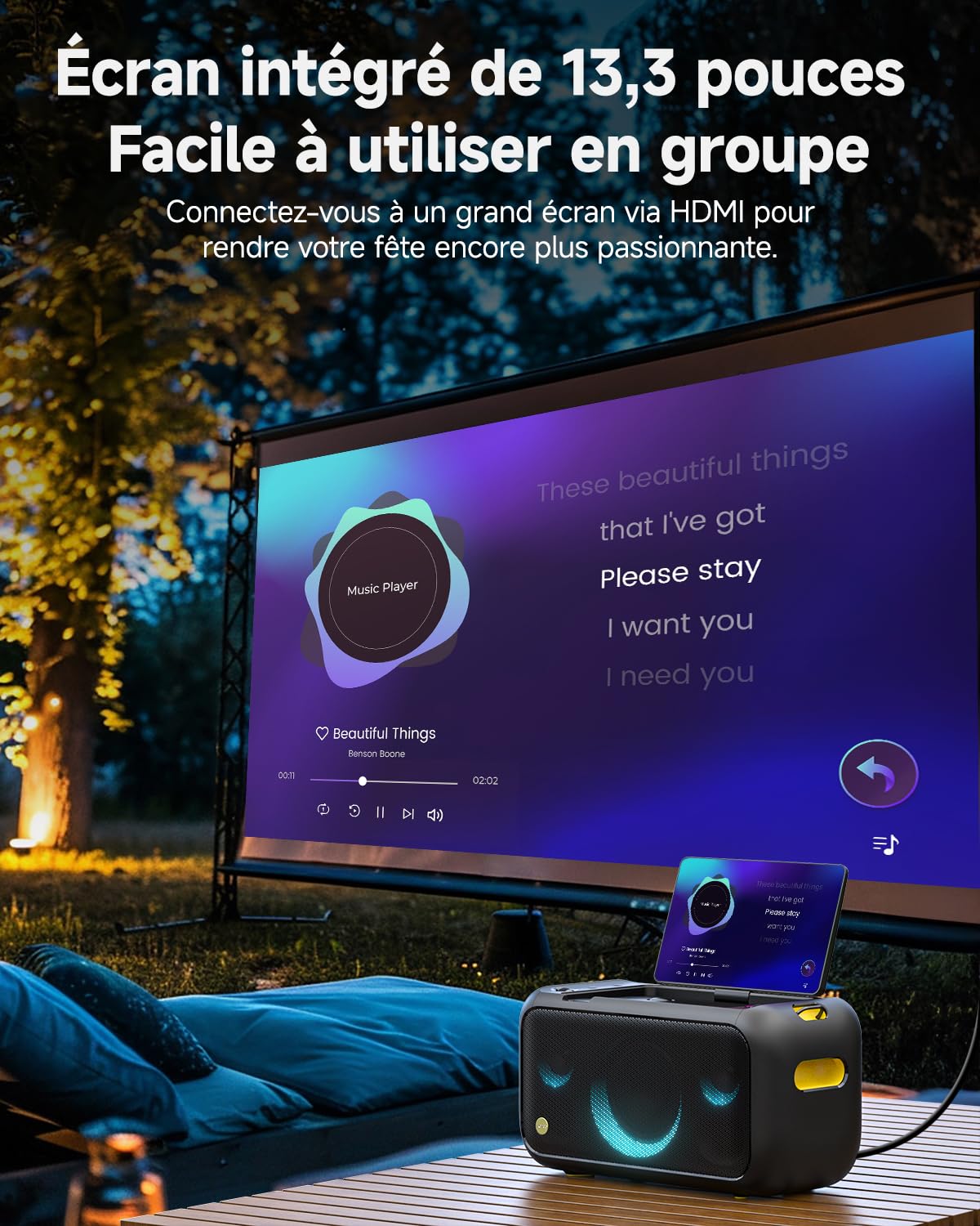 Ikarao Break X1 Machine de Karaoké avec Écran Tactile 13,3", Enceinte Bluetooth 800W, 2 Micros sans Fil et Éclairage LED – Idéal pour Anniversaires, Soirées et Événements Polyvalents