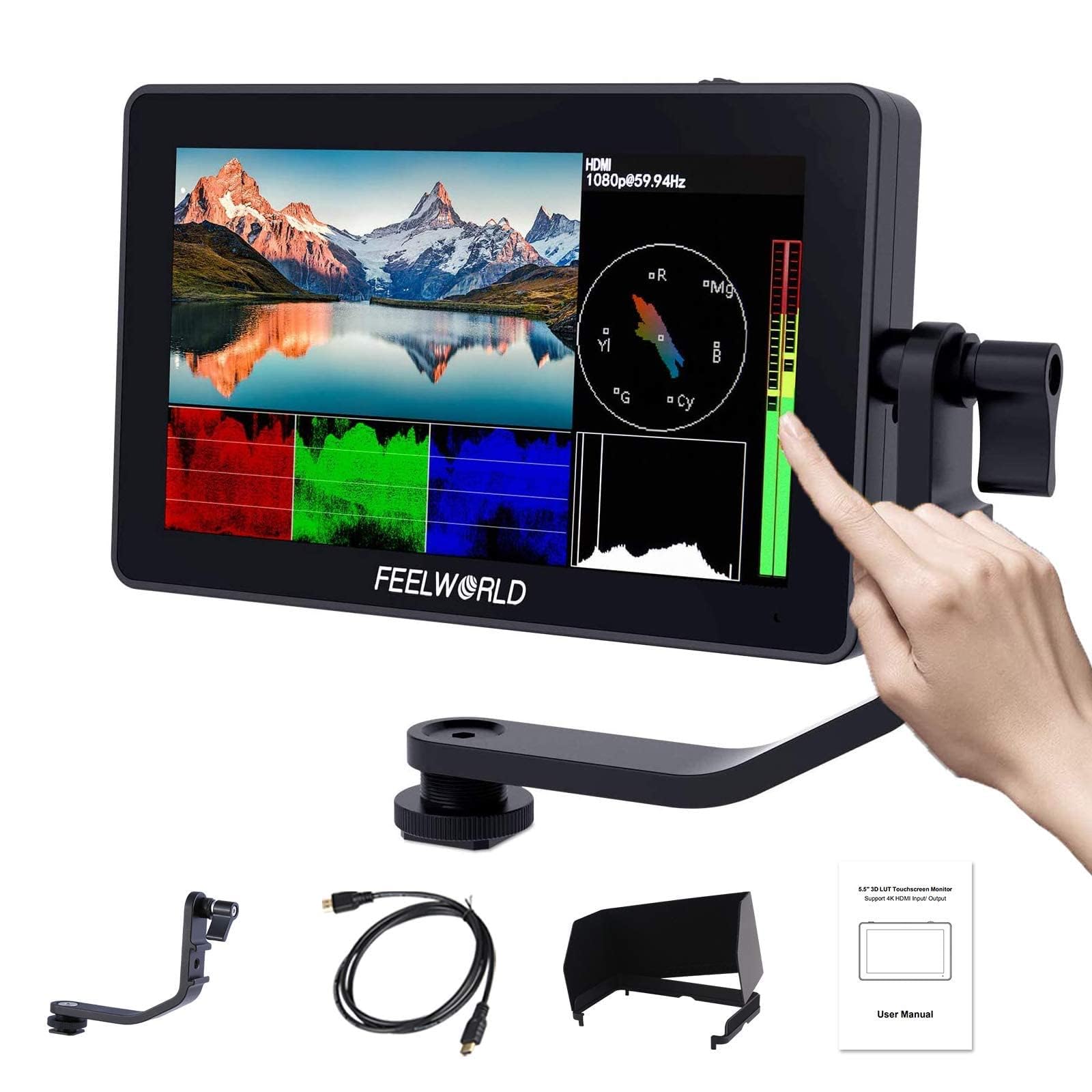 FEELWORLD F6 Plus 5.5 Inch DSLR On Camera Field Monitor Touch Screen 3D Lut Small Full HD 1920x1080 IPS Peaking Focus Video Assist 4K HDMI 8.4V DC Input Output Include Tilt Arm