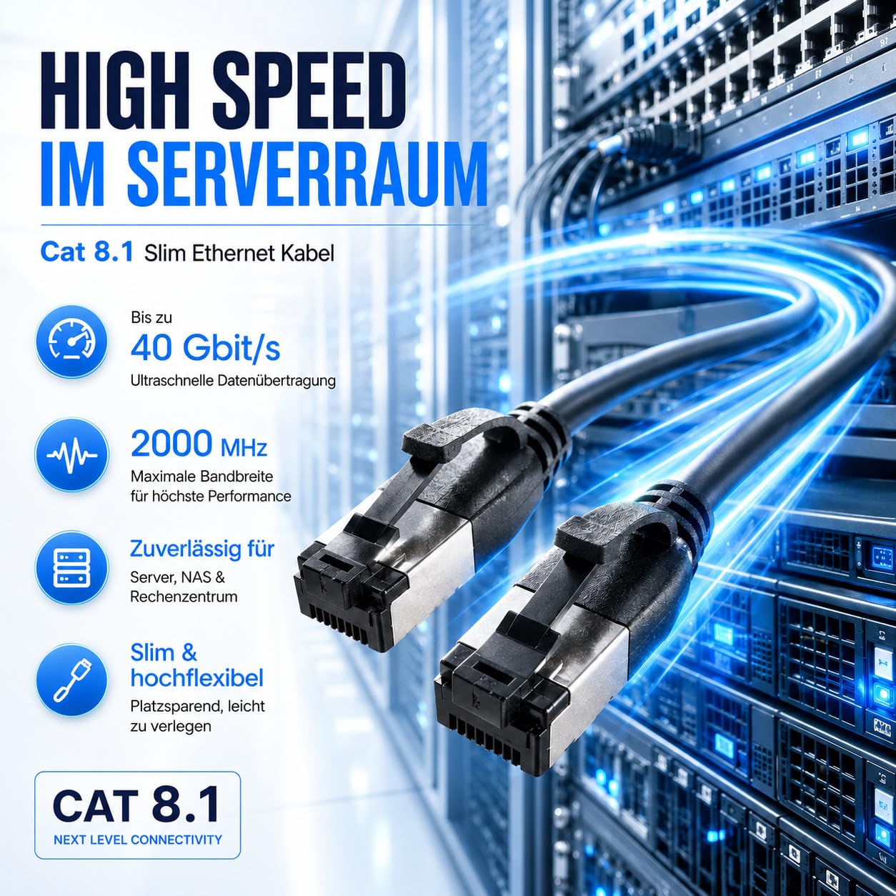1aTTack.de 1m Cat 8.1 Lan Kabel Netzwerkkabel (10 Stück) Cat 8 Ethernet Kabel mit RJ45 Stecker Slim und dünn mit 40 Gbps Übertragungsrate Schwarz 1.0 Meter