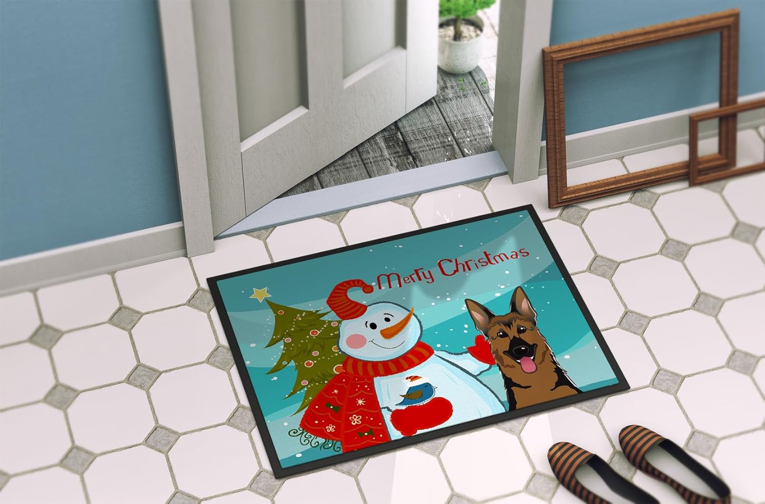 Caroline's Treasures BB1831MAT Snowman with German Shepherd Doormat 18x27 Front Door Mat Indoor Outdoor Rugs for Entryway, Non Slip Washable Low Pile, 18H X 27W
