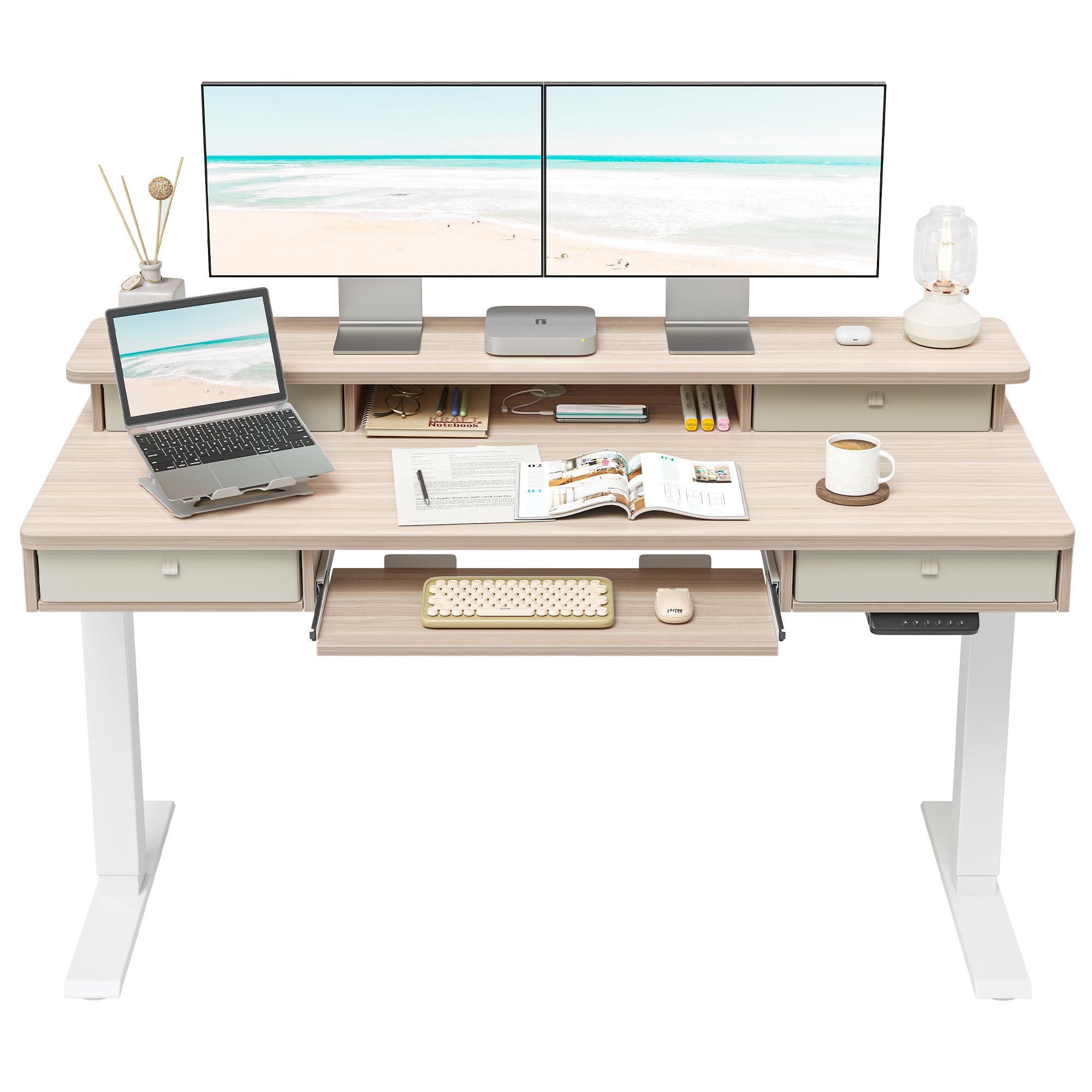 FEZIBO Height Adjustable Electric Standing Desk with 4 Drawers and Keyboard Tray, 55 x 24 Inch Table with Storage Shelf, Sit Stand Desk with Splice